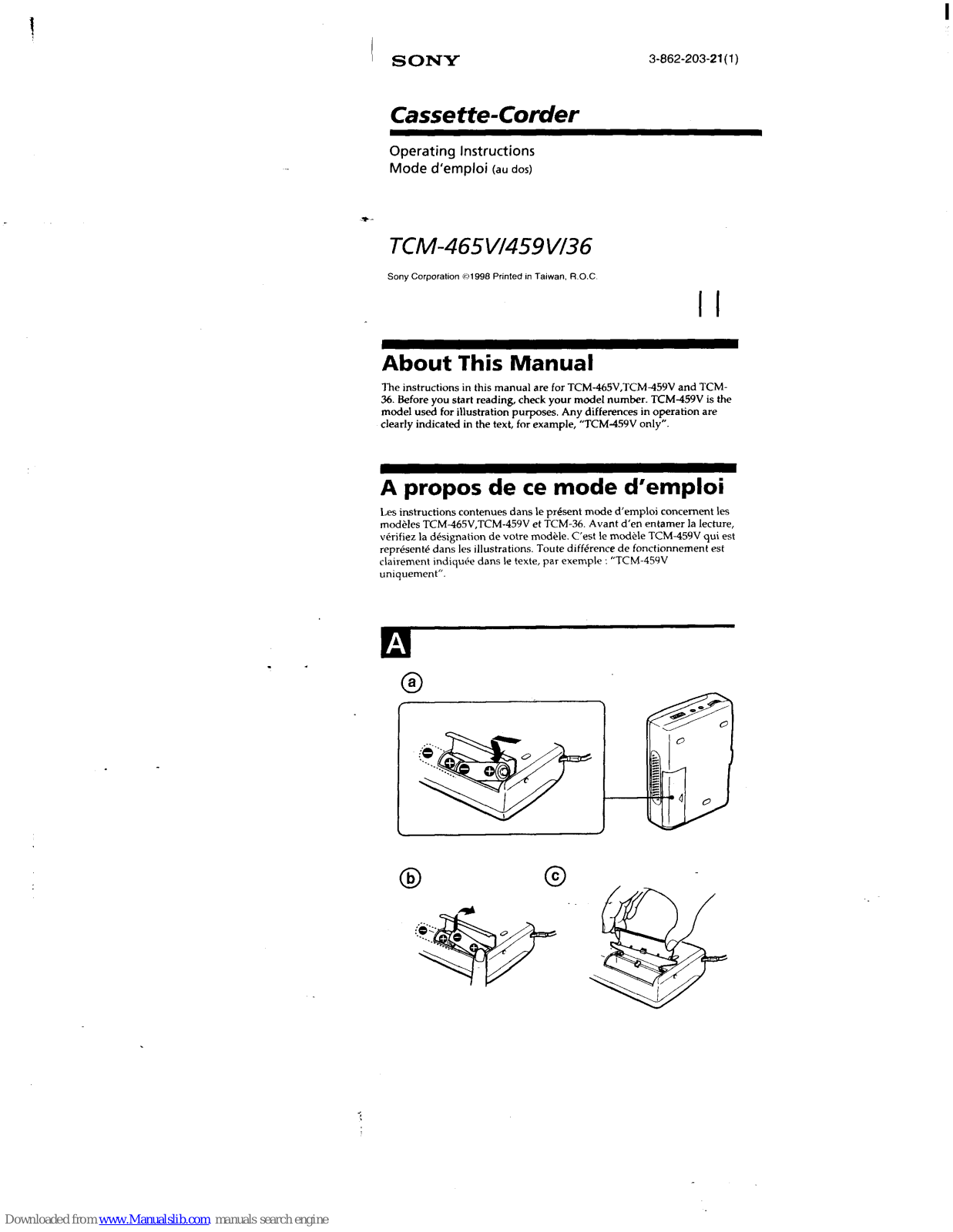 Sony TCM-459V Operating Instructions (primary manual), TCM-465V, TCM-36 Operating Instructions Manual