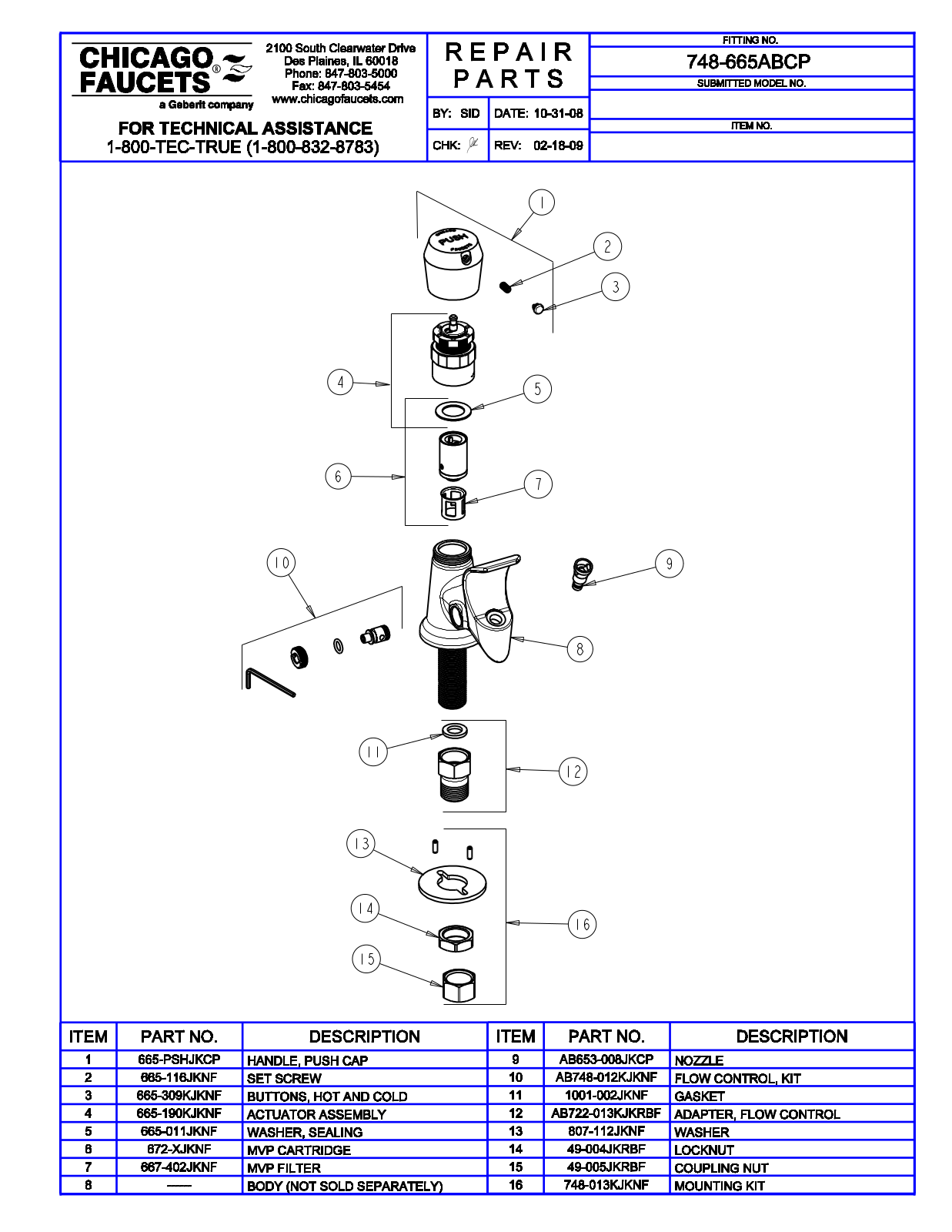 Chicago Faucet 748-665ABCP Parts List