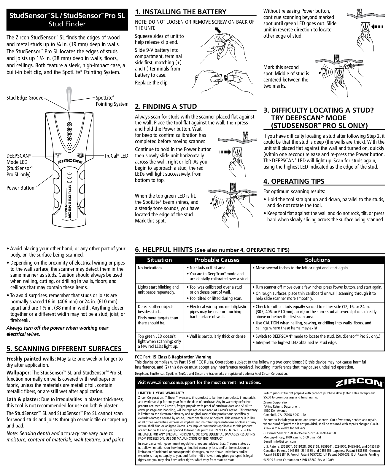 Zircon StudSensor SL, StudSensor Pro SL Owner's Manual