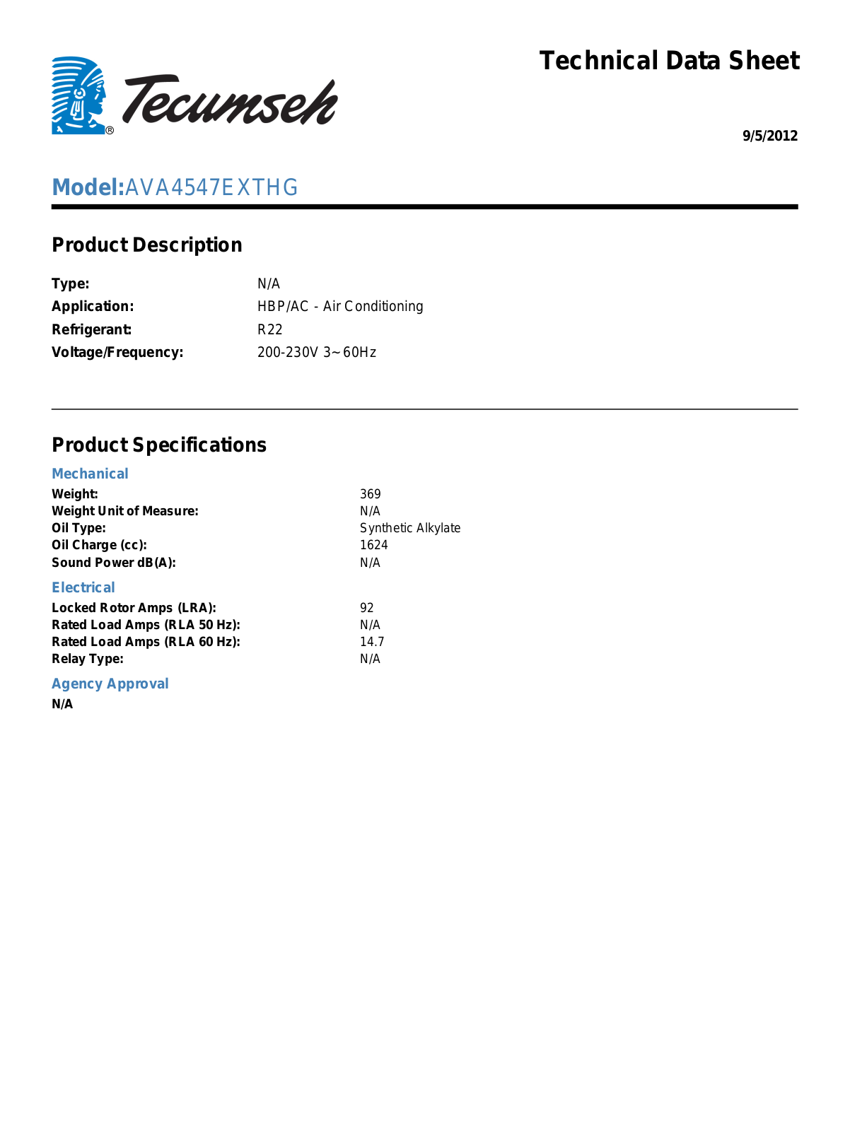 Tecumseh AVA4547EXTHG User Manual