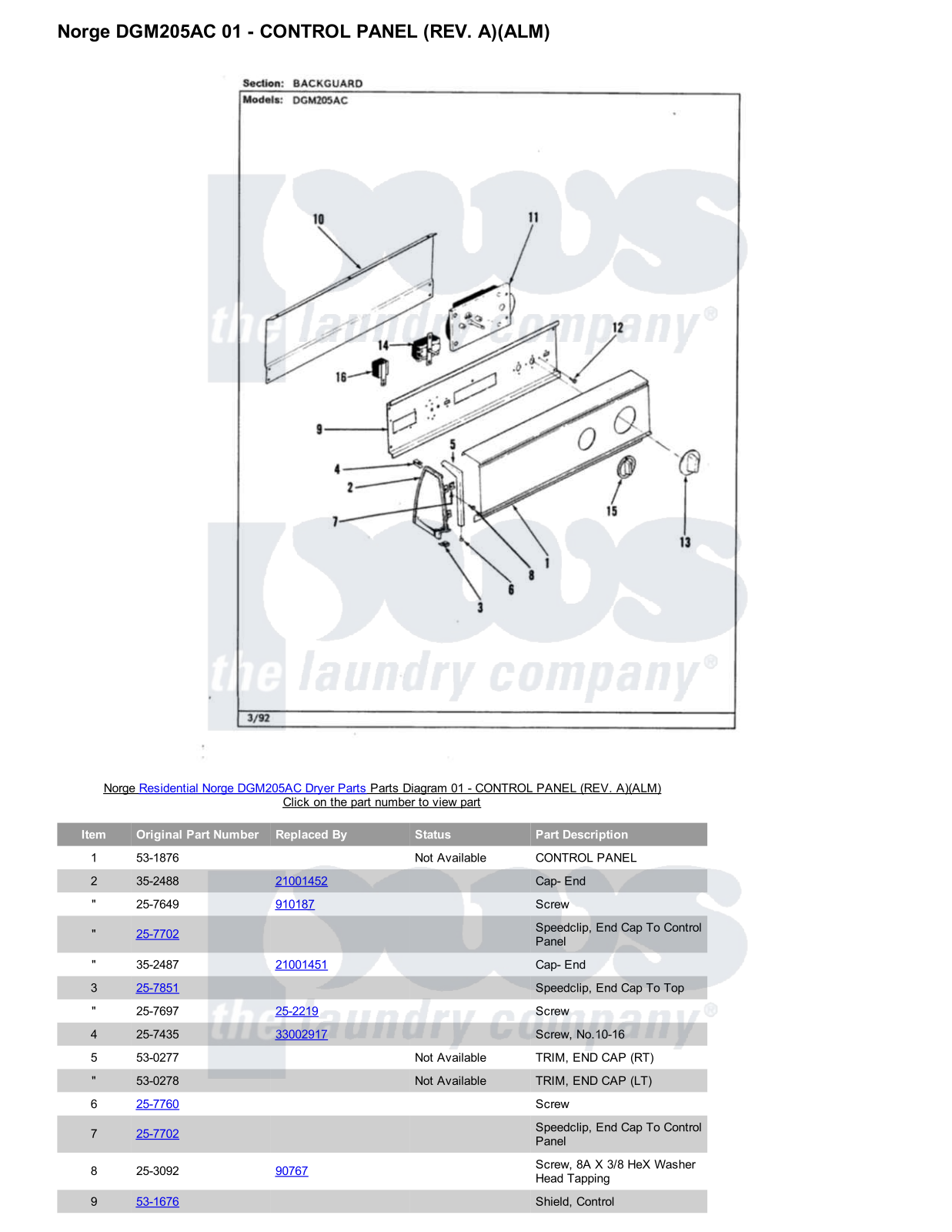 Norge DGM205AC Parts Diagram