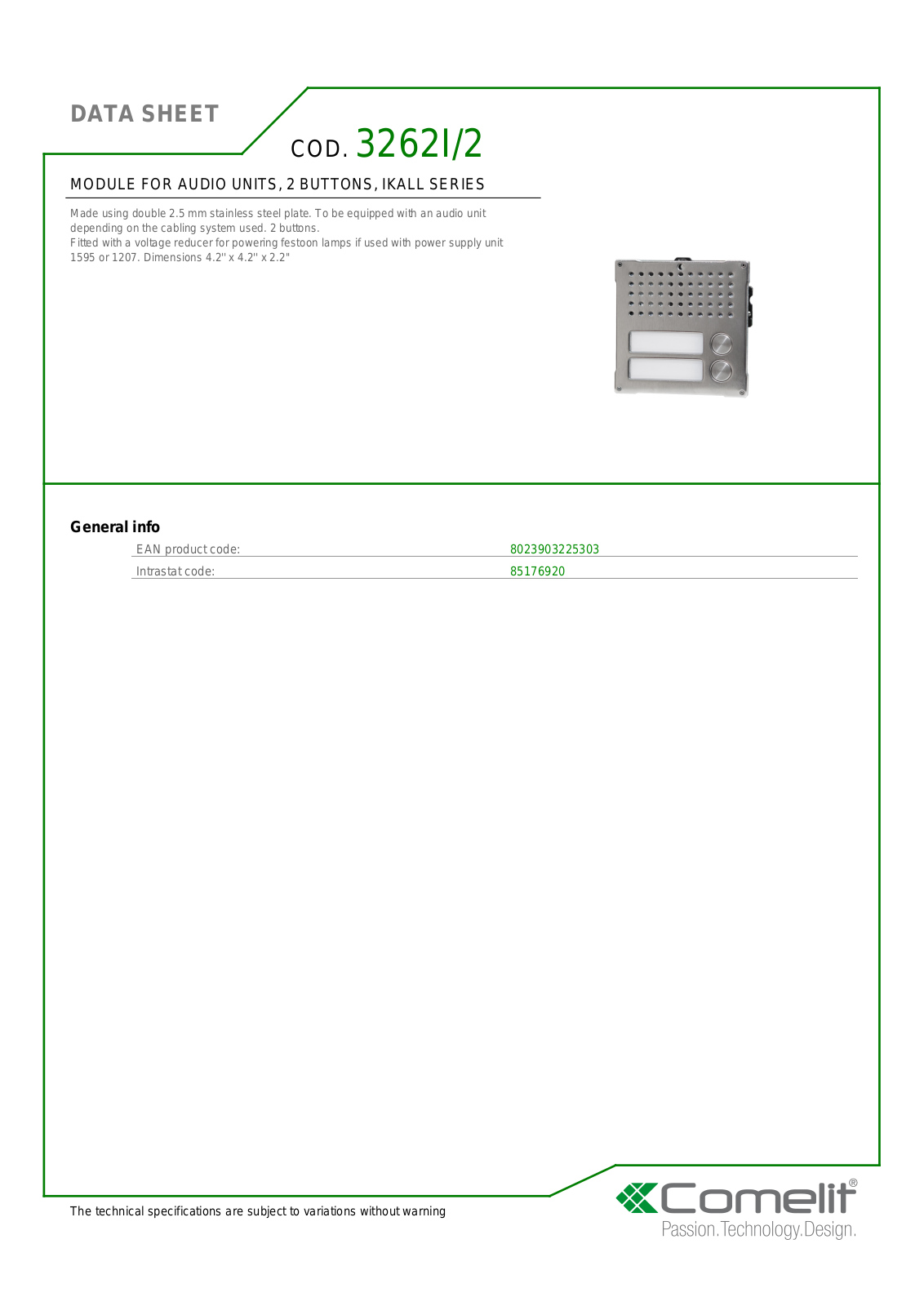 Comelit 3262I-2 Specsheet