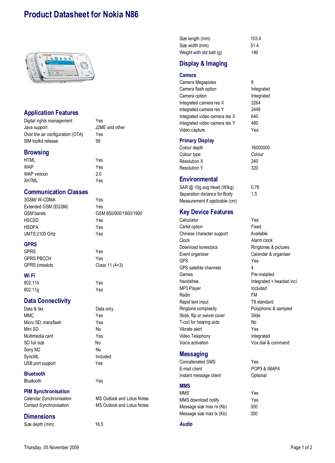 Nokia N86 DATASHEET