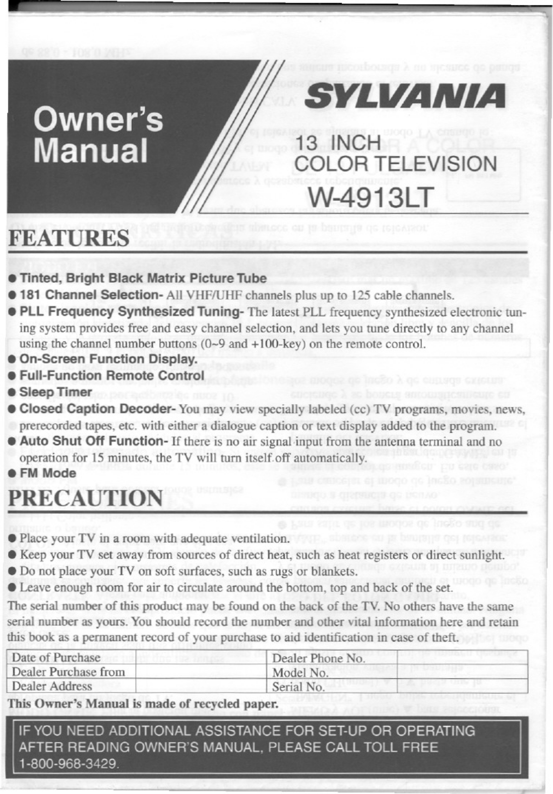 FUNAI W4913LT, W4913LT User Manual