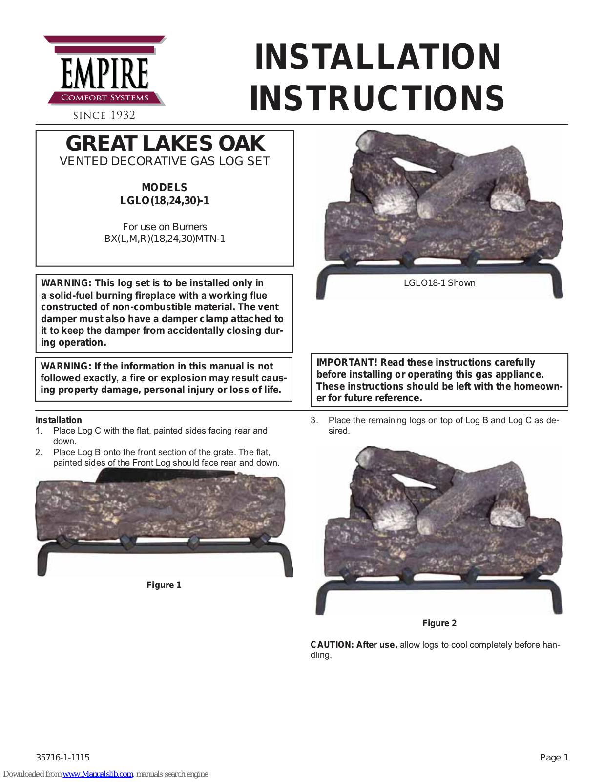 Empire Comfort Systems GREAT LAKES OAK LGLO 18-1 Installation Instructions Manual