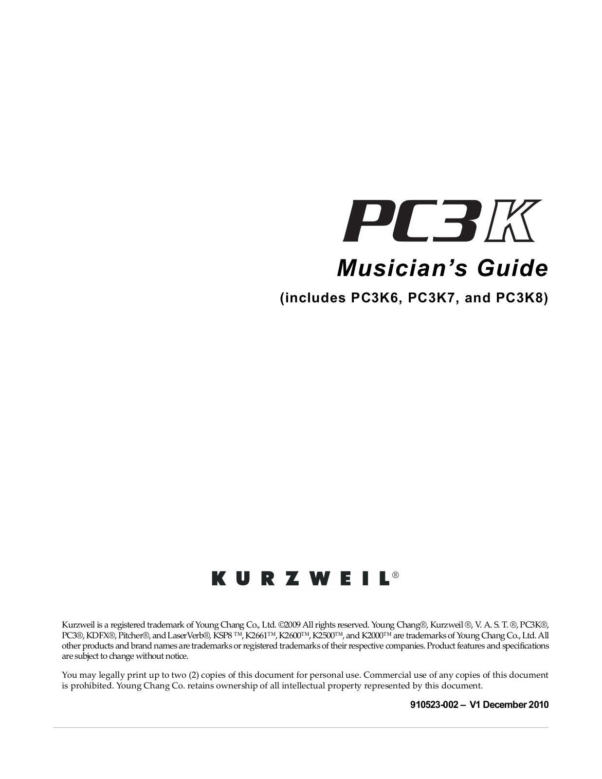 Kurzweil PC3K7, PC3K8, PC3K6 User Manual