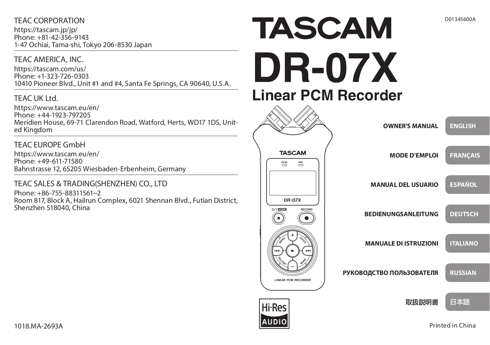Tascam DR-07X User Manual