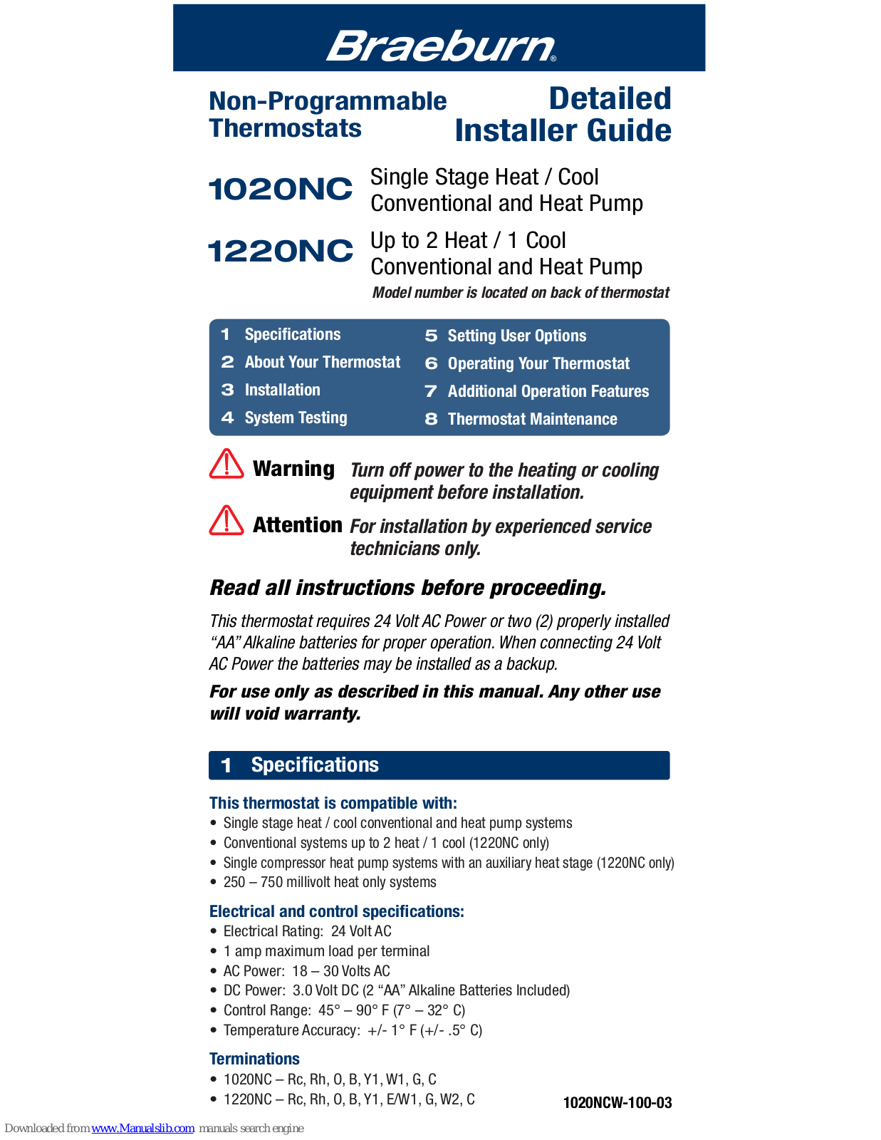 Braeburn 1020NC, 1220NC Installation Manual