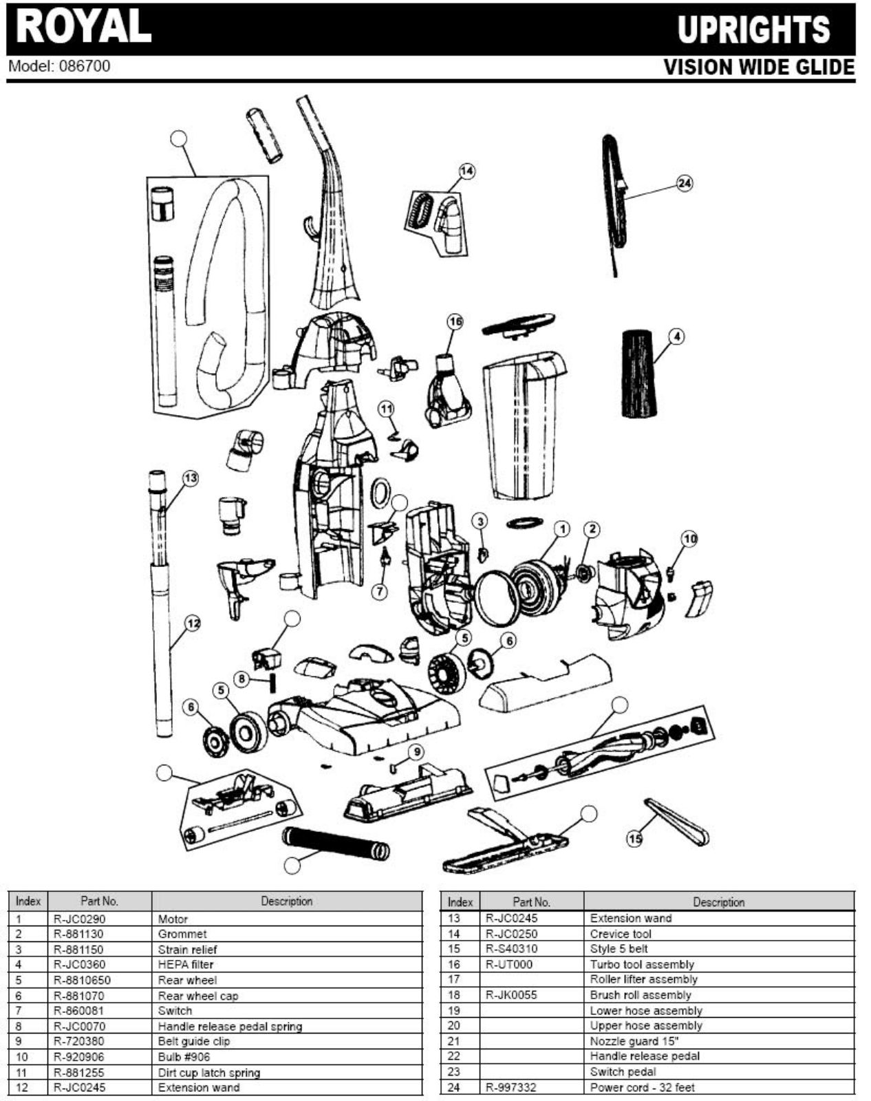 Royal 086700 Parts List