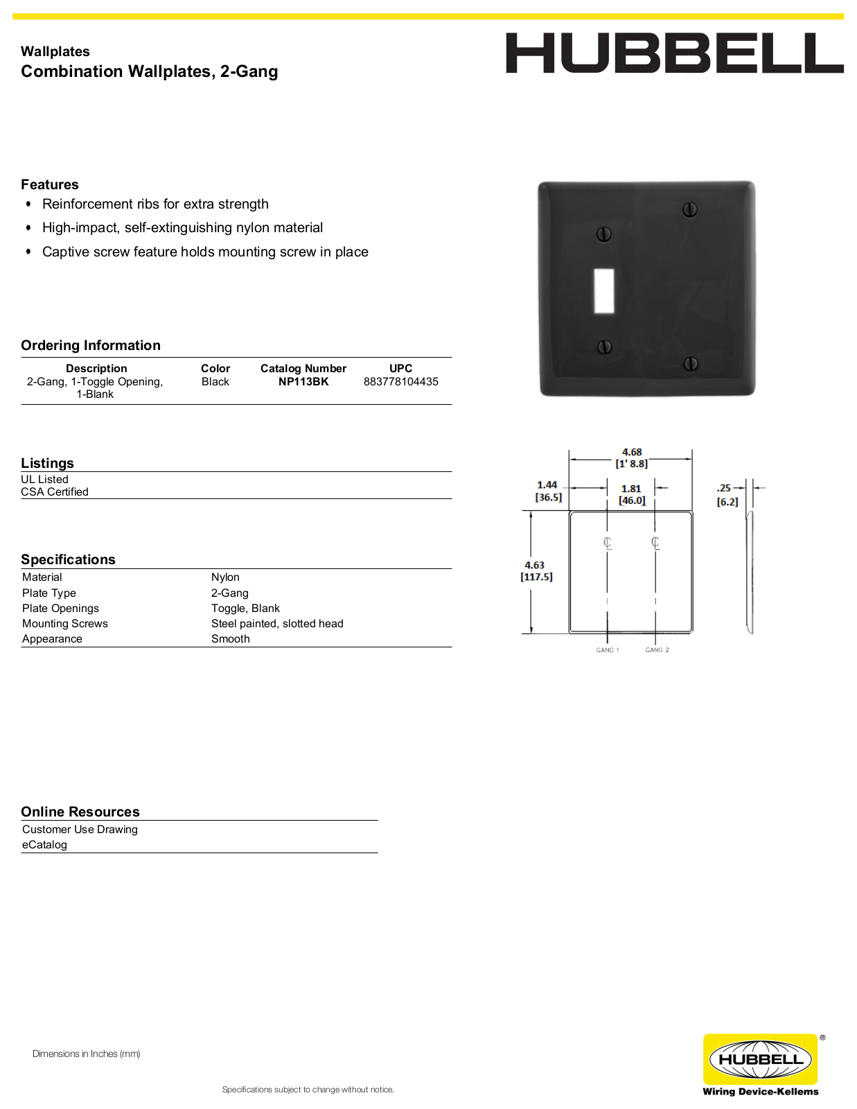 Hubbell NP113BK Specifications