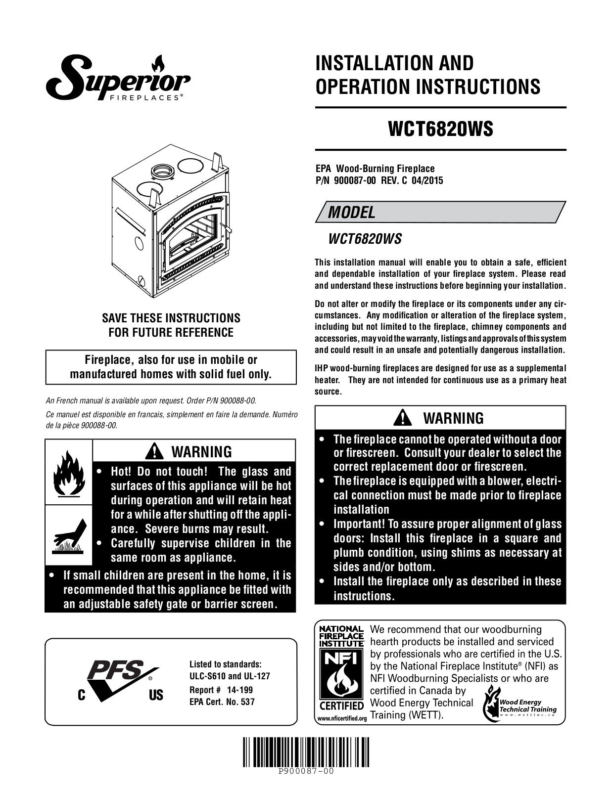 Superior WCT6820WS Installation And Operation Instructions Manual