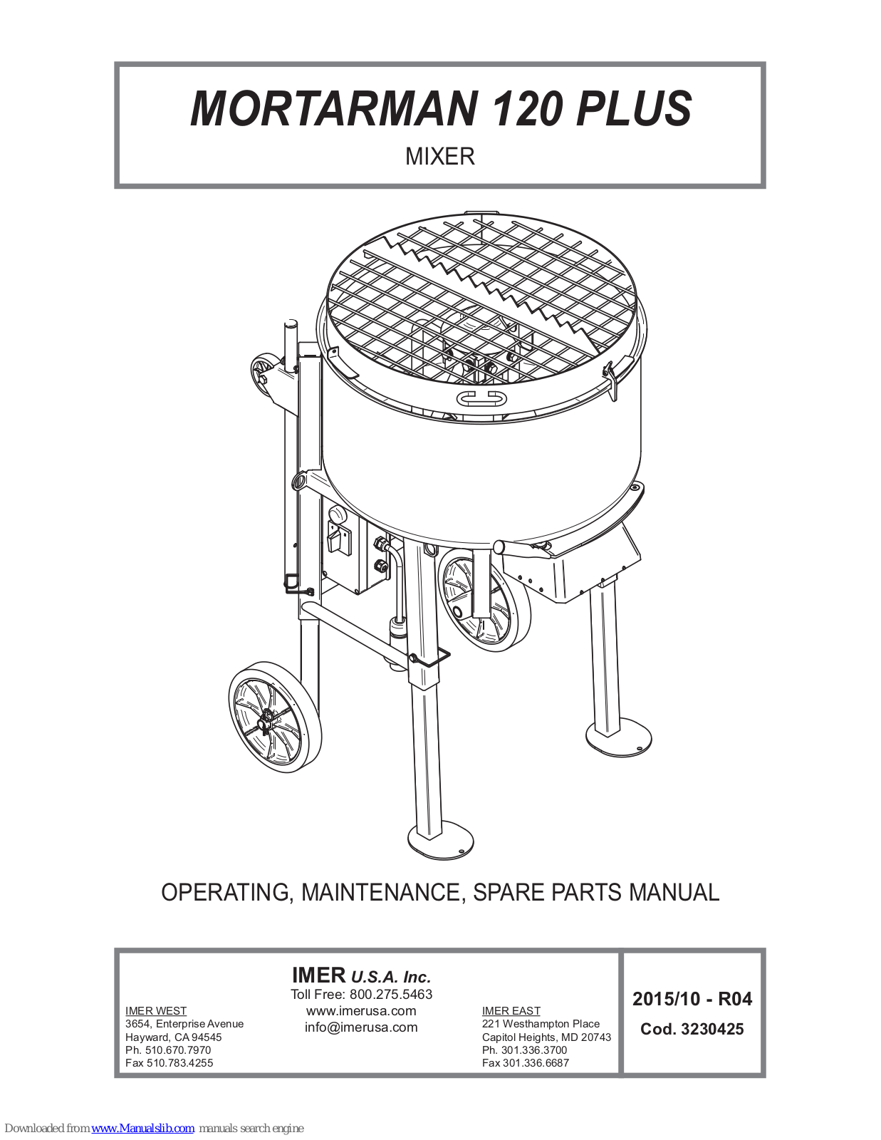 IMER MORTARMAN 120 PLUS Operating, Maintenance, Spare Parts Manual