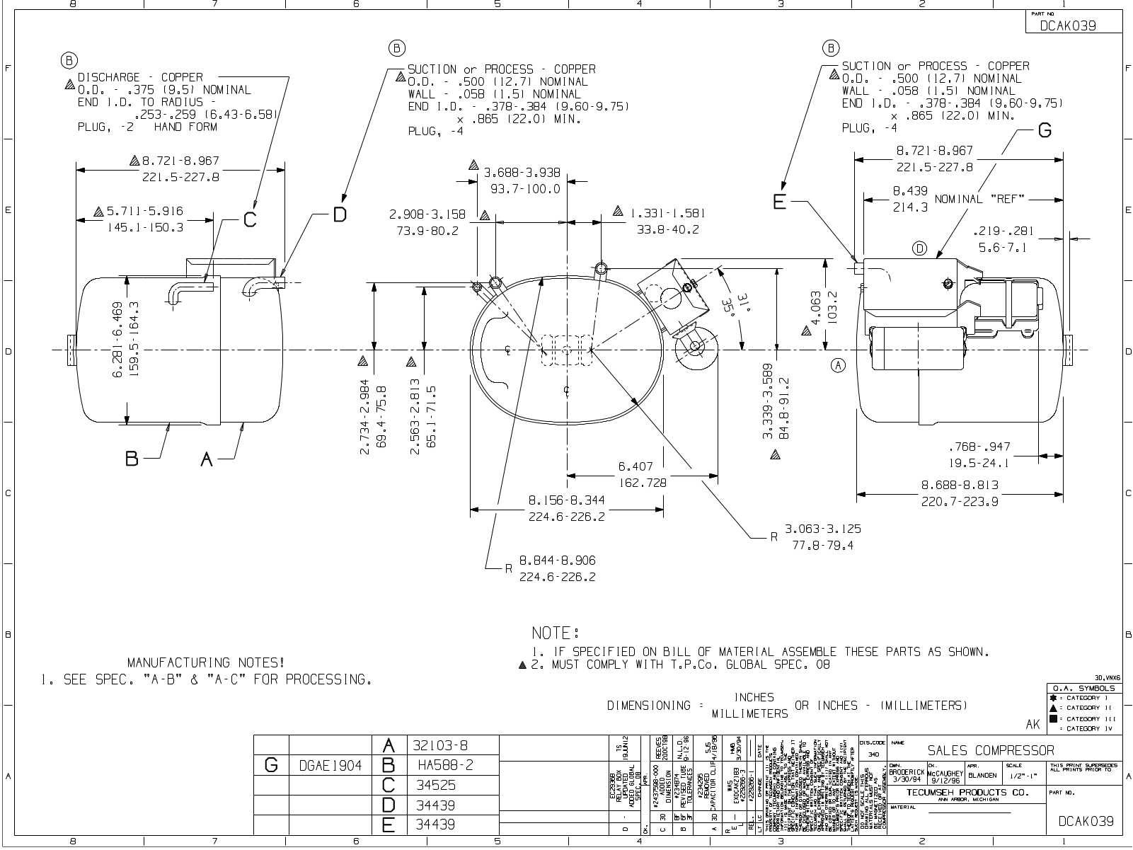 Tecumseh AKA9438ZXA, AKA9438ZXC, AKA9438ZXD, AKA9451ZXA, AKA9451ZXC Drawing Data