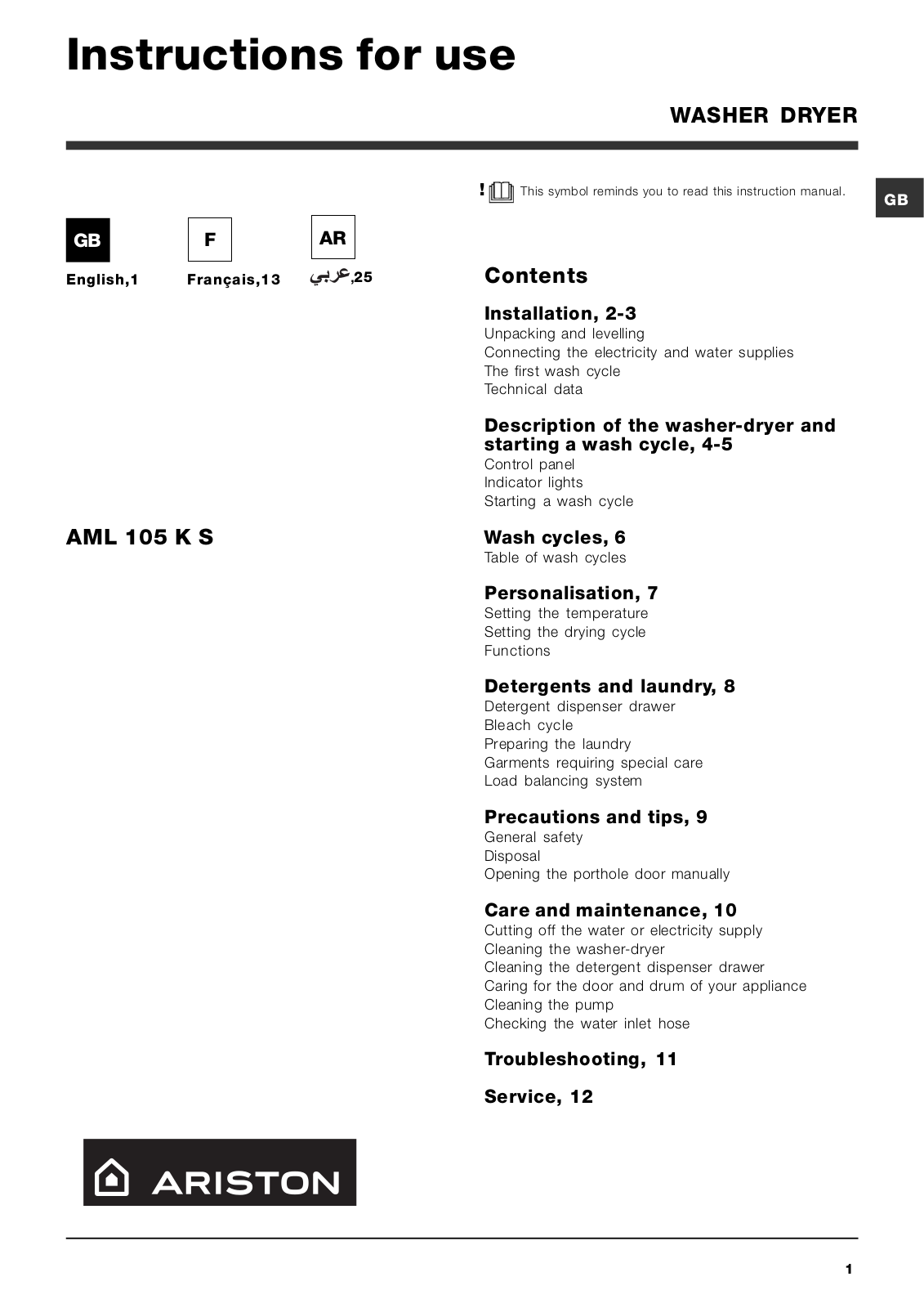 ARISTON AML105K S 60 HZ User Manual