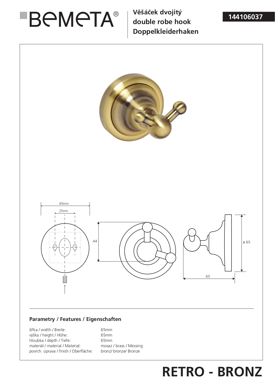 Bemeta RETRO - BRONZ 144106037 User guide