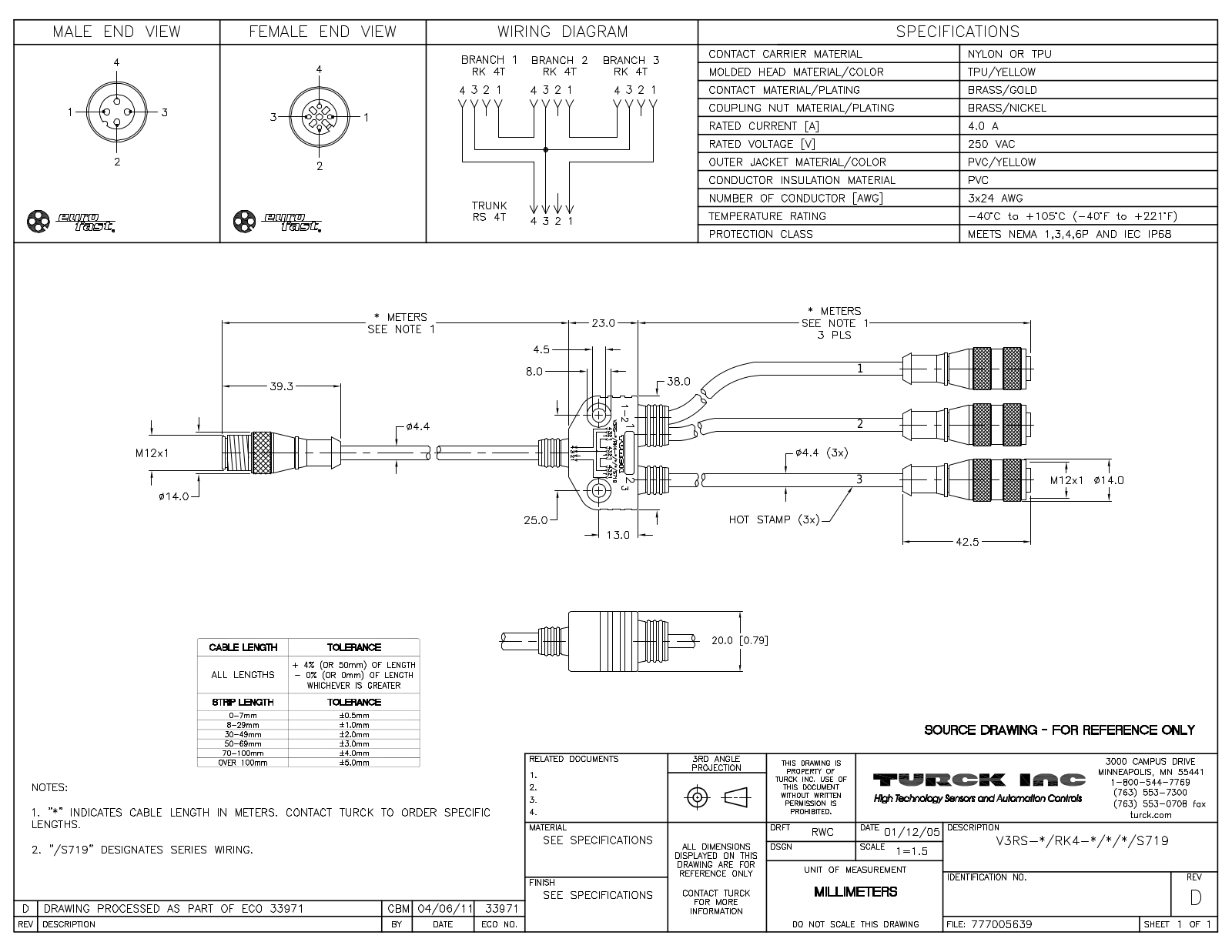 Turck V3RS-0.2/RK4-1/1/1/S719 Specification Sheet