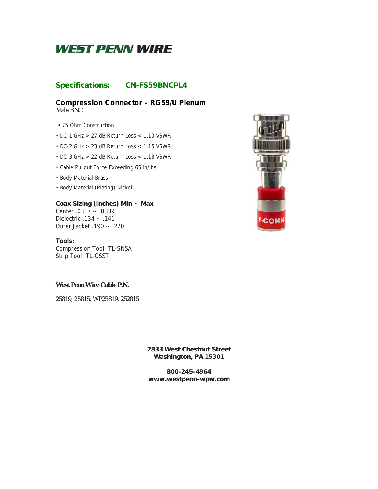 West Penn CN-FS59BNCPL4 Specsheet