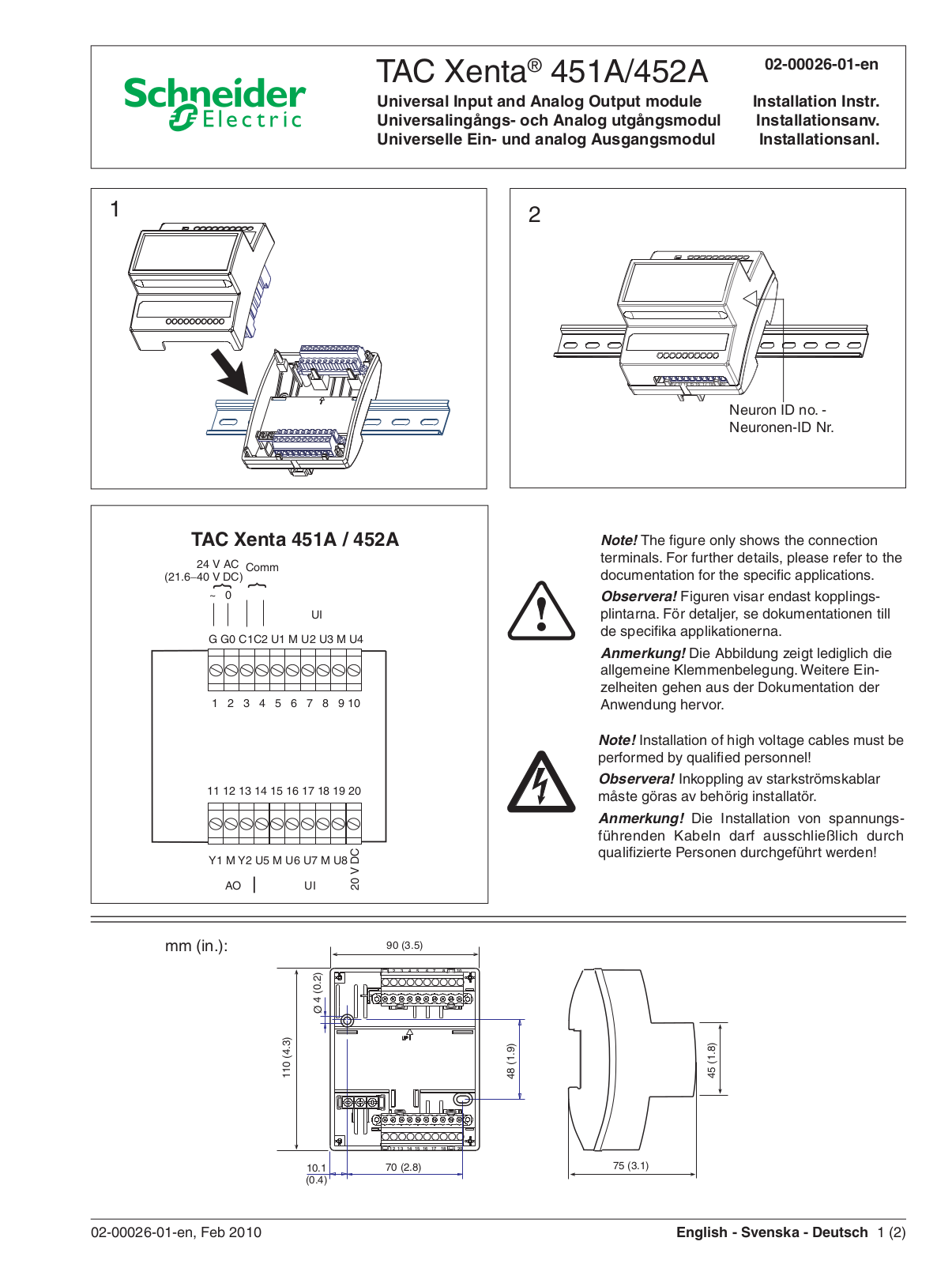 Schneider Electric TAC Xenta 451A, TAC Xenta 452A Installation Instructions