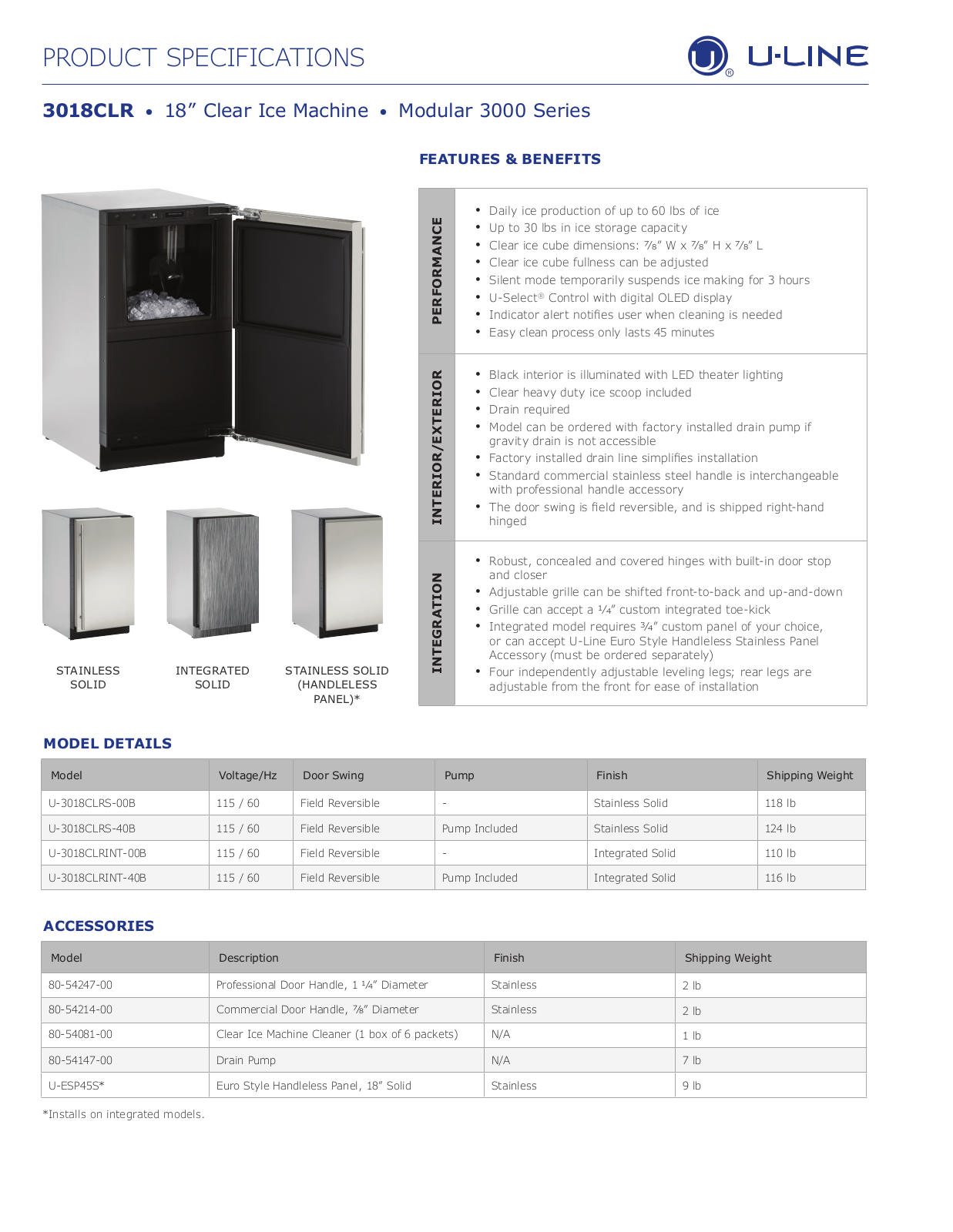 U-Line U3018CLRINT40B, U3018CLRINT00B, U3018CLRS40B, U3018CLRS00B Specifications