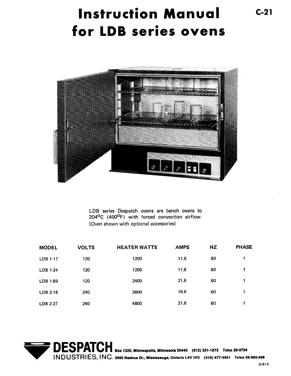 Despatch LDB1-17-1 Specifications