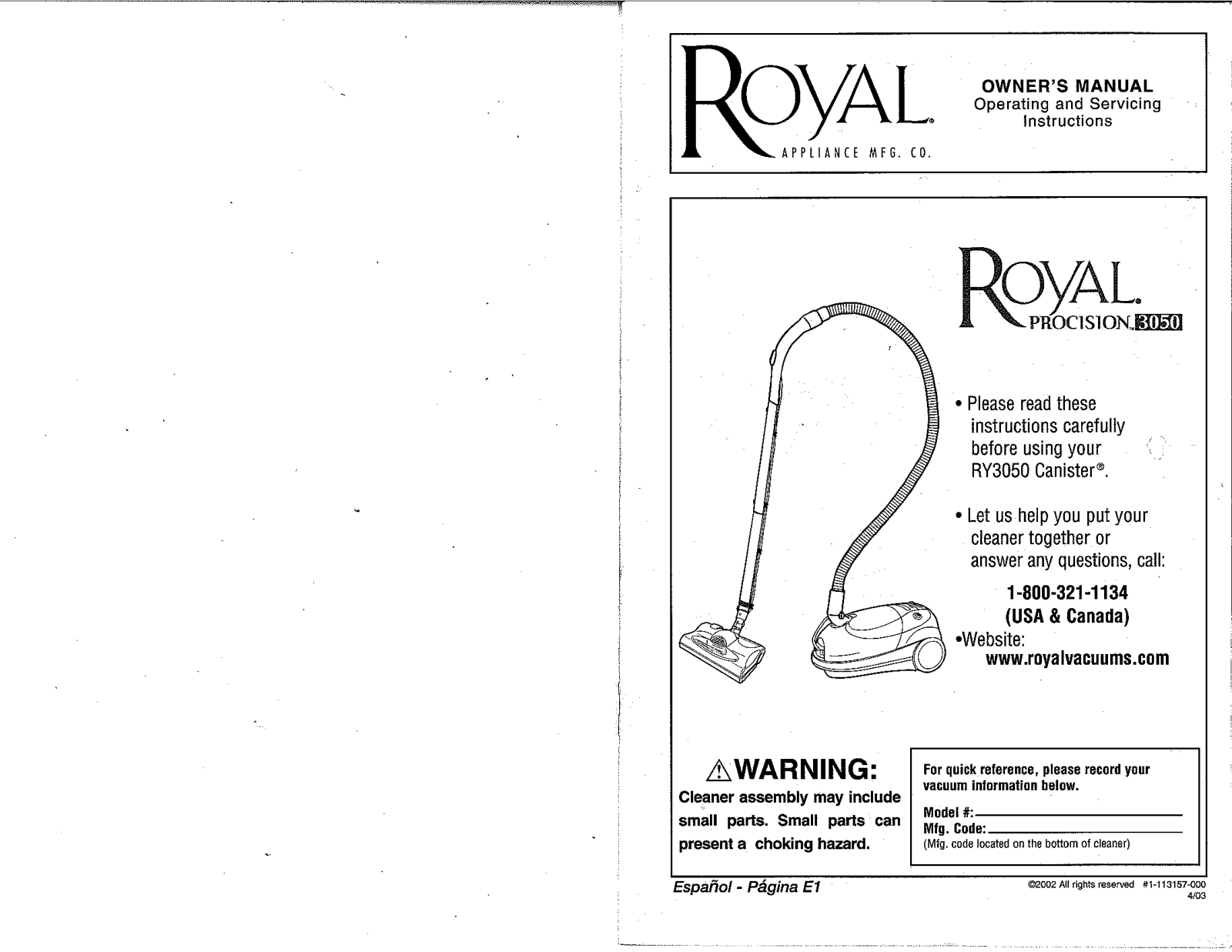 Royal Vacuums RY3050 User Manual