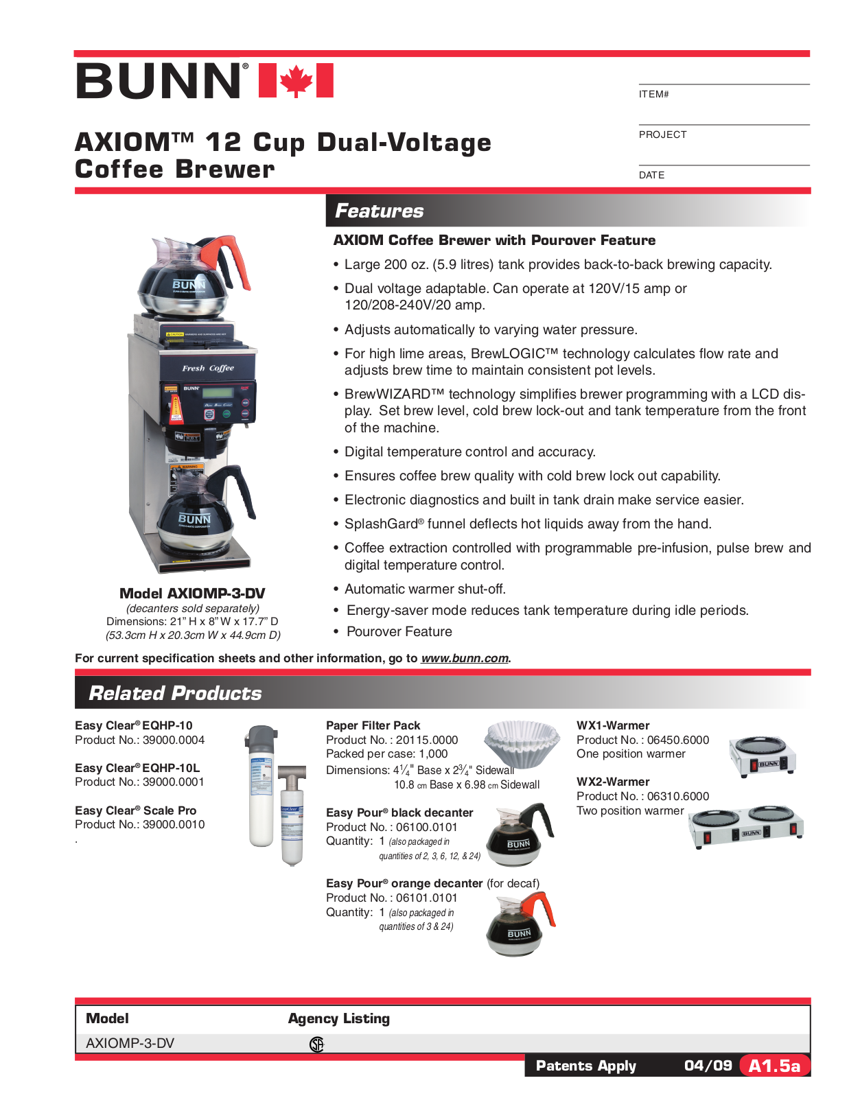 Bunn Coffee Maker AXIOMP-3-DV User Manual