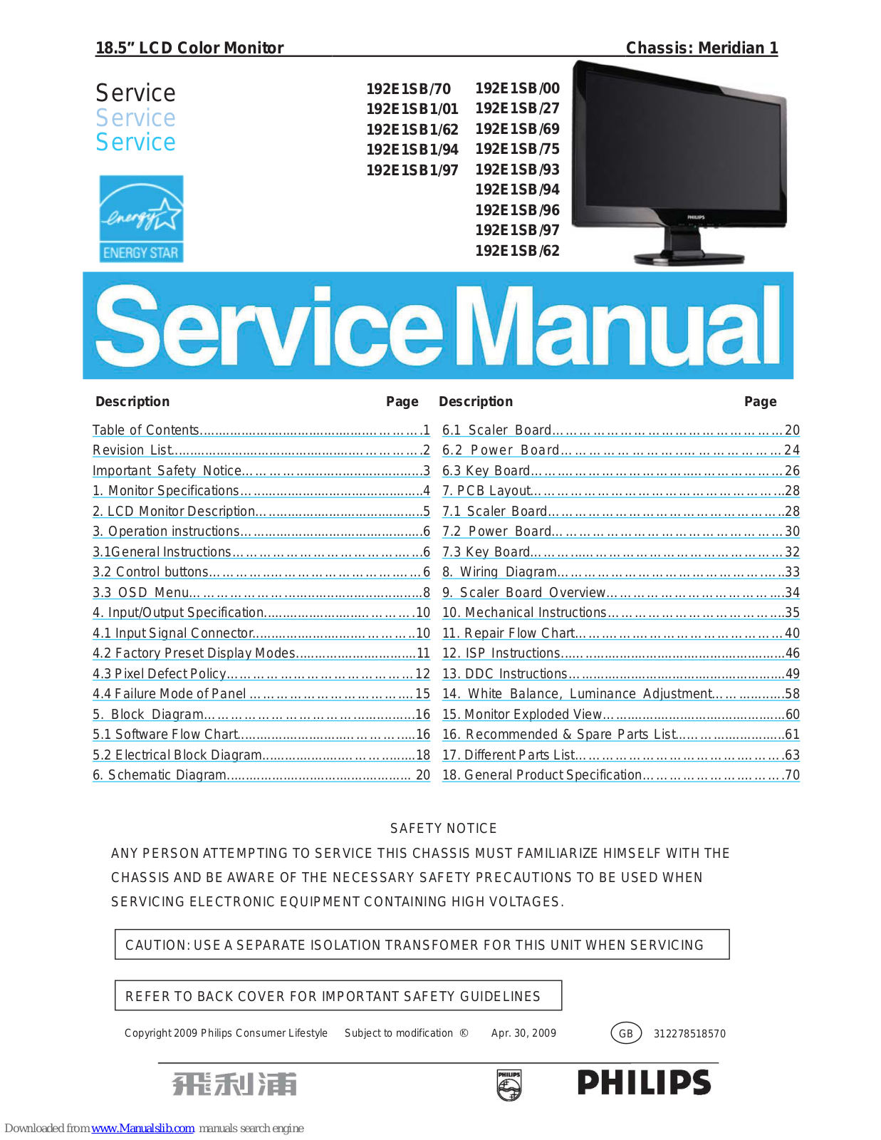 Philips 192E1SB/70, 192E1SB1/62, 192E1SB1/94, 192E1SB/69, 192E1SB/75 Service Manual