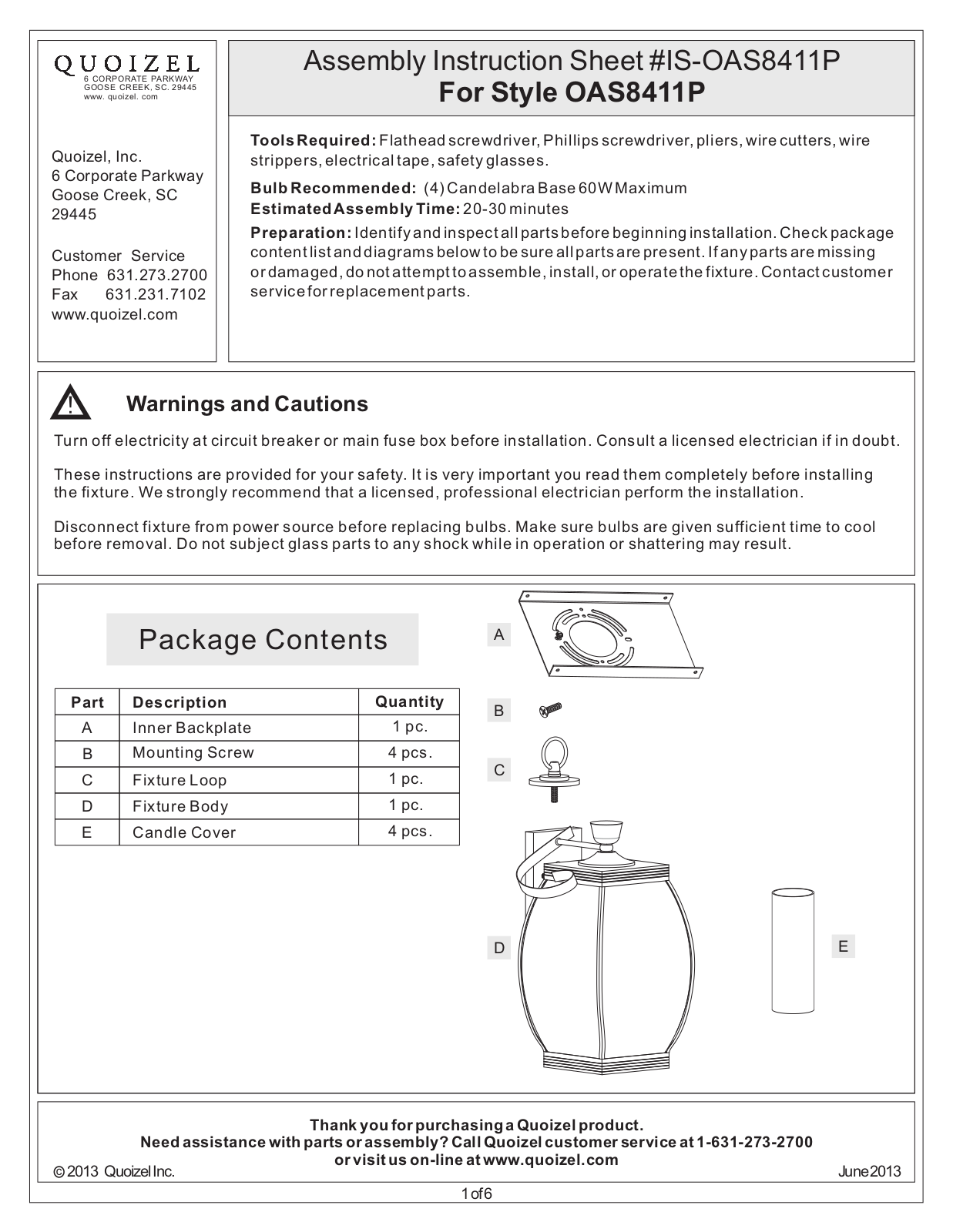 Quoizel OAS8411P User Manual