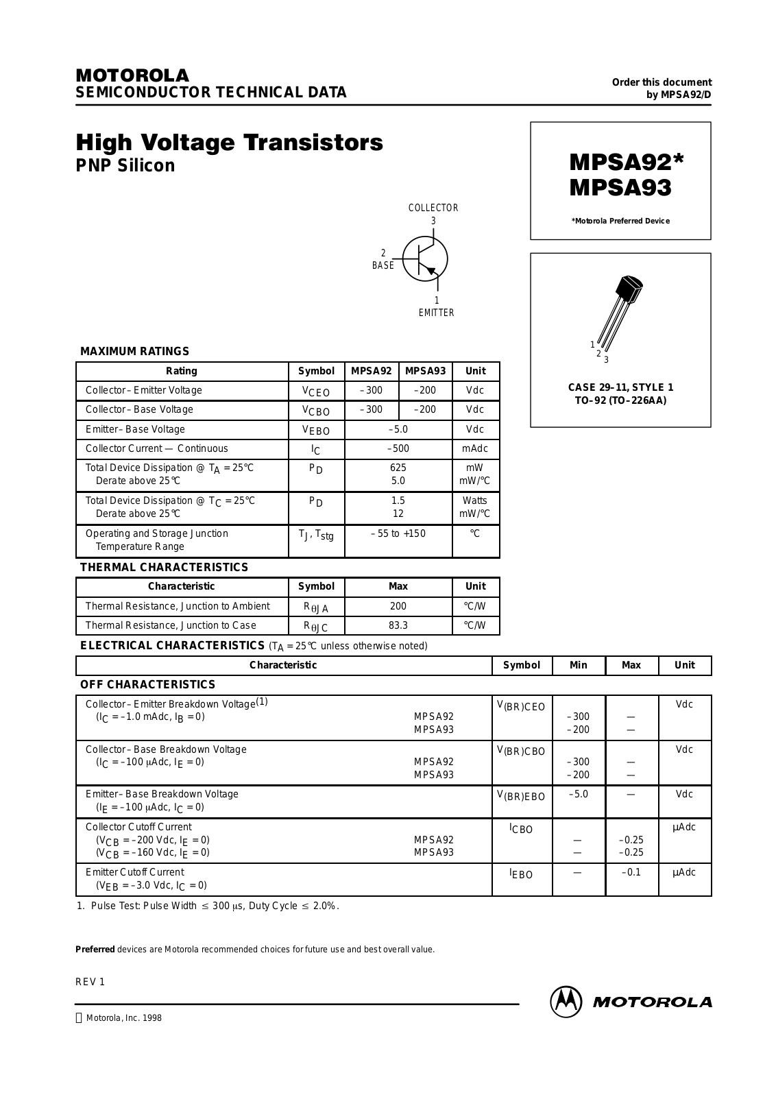 MOTOROLA MPSA92RL1, MPSA92RLRA, MPSA92RLRE, MPSA92RLRM, MPSA92 Datasheet