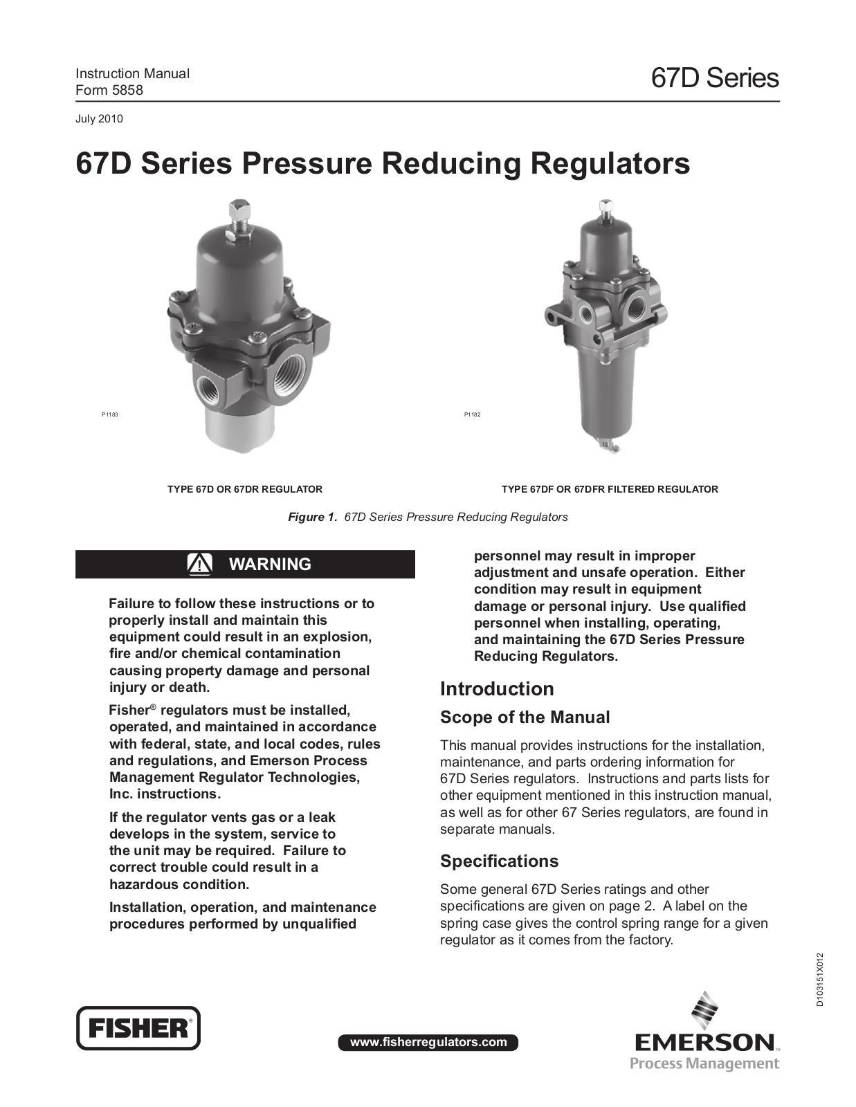 Emerson Fisher 67D Series, Fisher 67DF, Fisher 67D, Fisher 67DR, Fisher 67DFR Instruction Manual