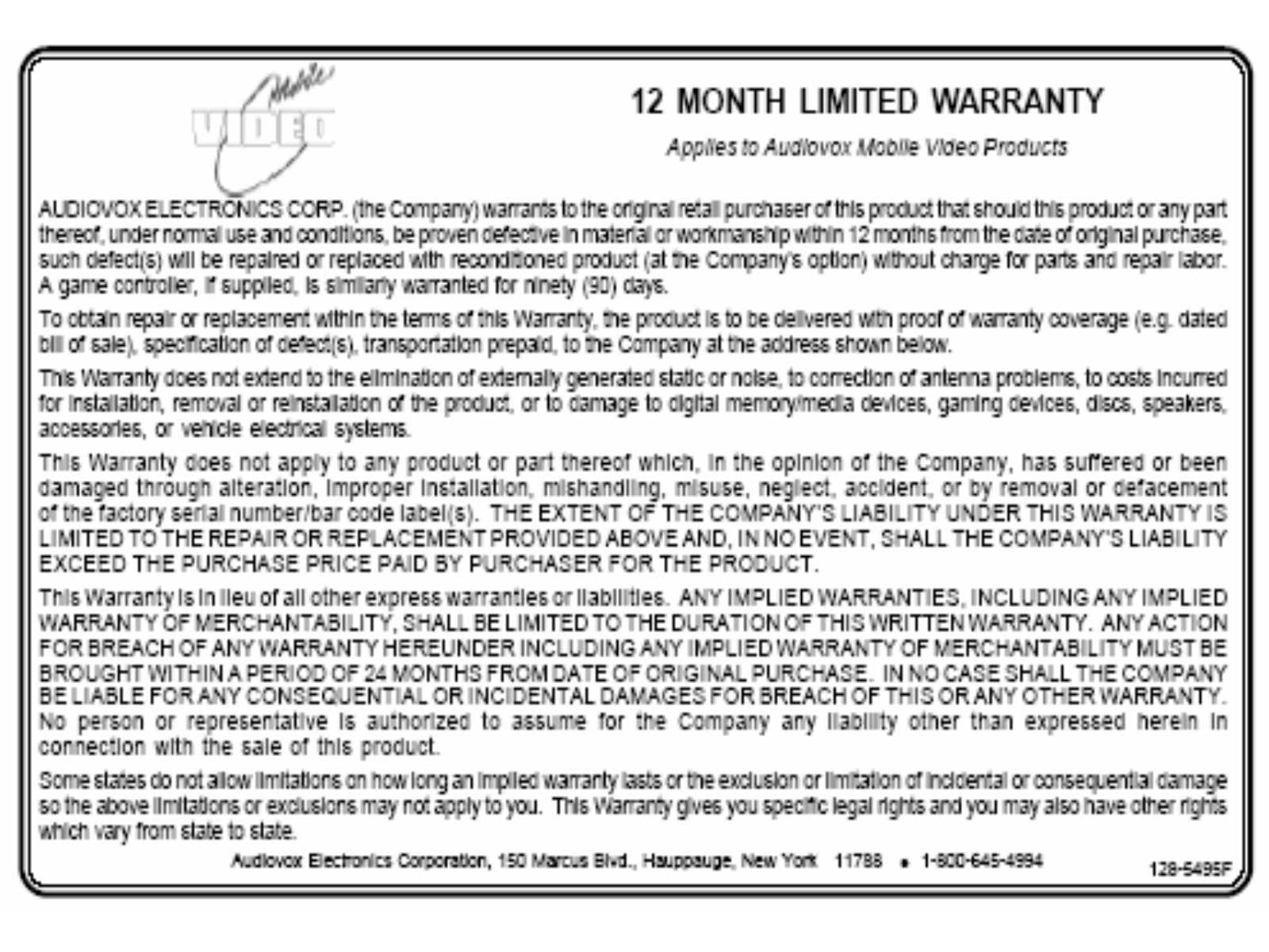 Audiovox ACA250, RVMPKG3, ACAM350, ACA200, ACA240 Warranty Card