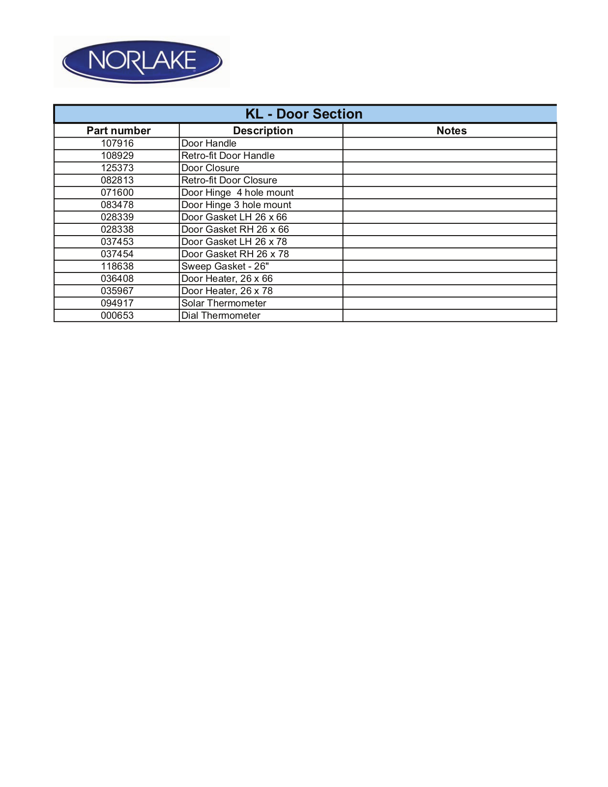 Norlake KL Parts List