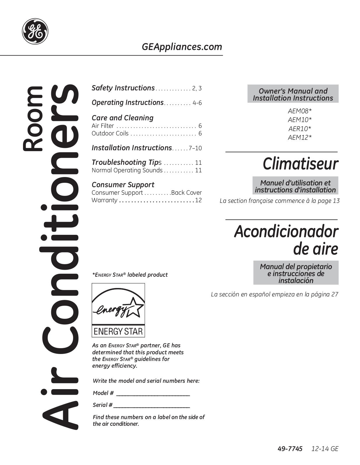 GE AEM10AS, AEM10AT, AEM08LT Use & Care Guide