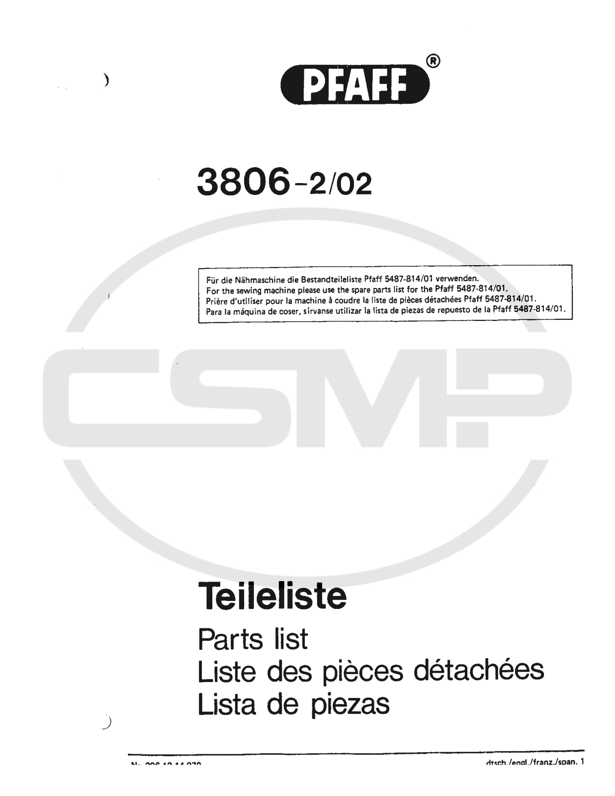 Pfaff 3806 Parts Book