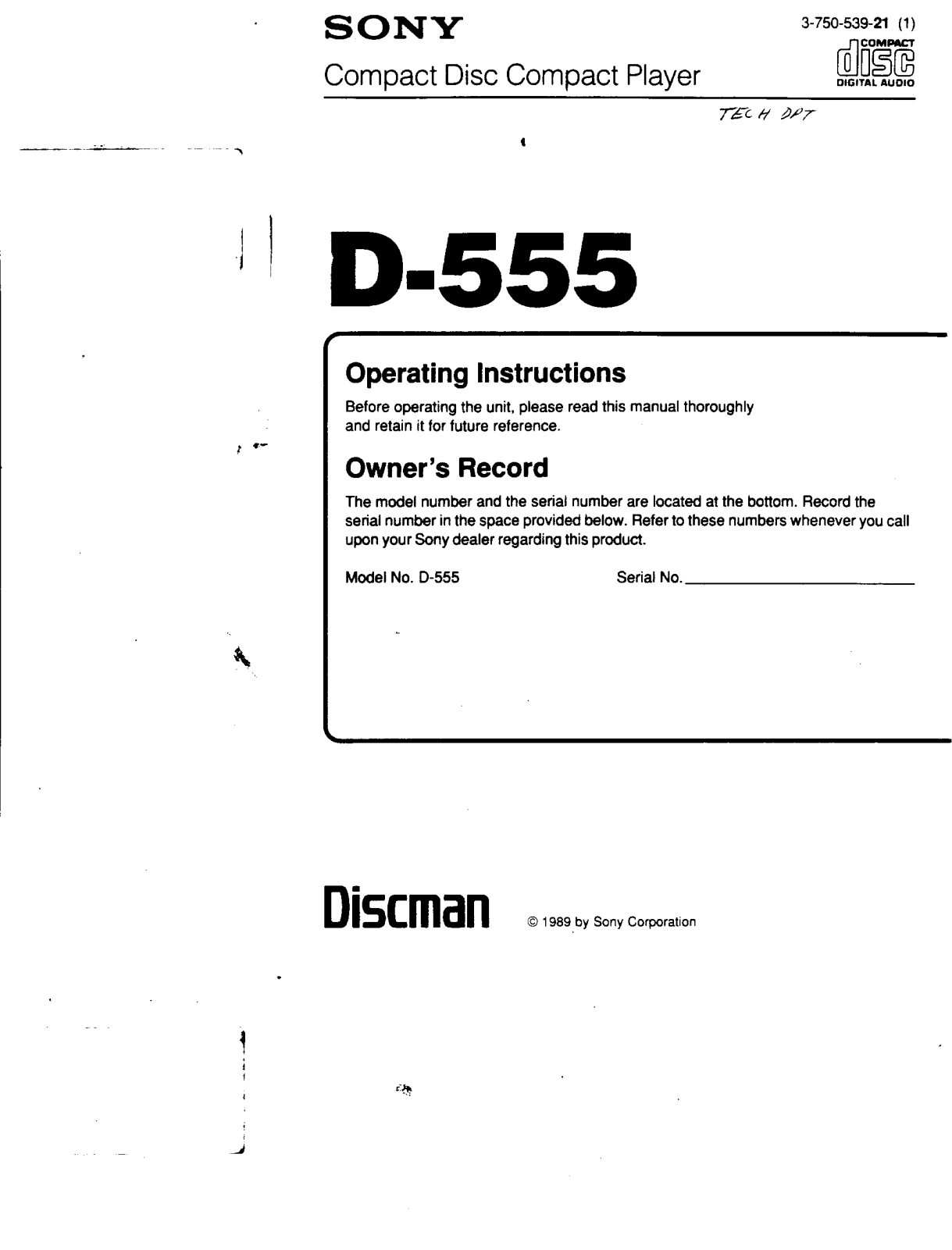 Sony D555 Operating Instructions