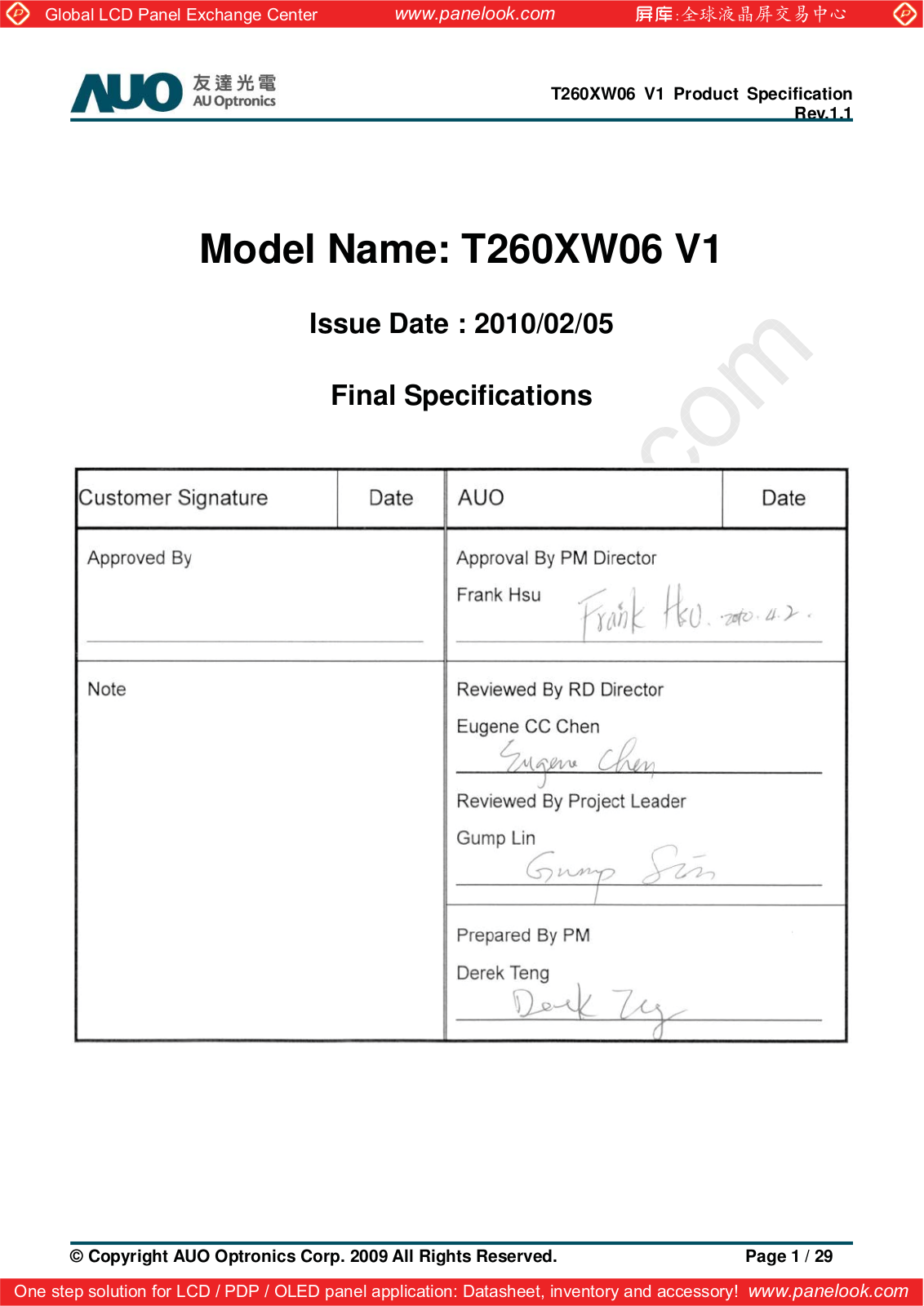 AUO T260XW06 V1 Specification