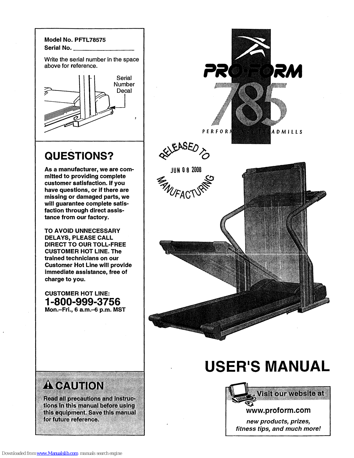 Pro-Form 785 Treadmill, 785, PFTL78575 User Manual