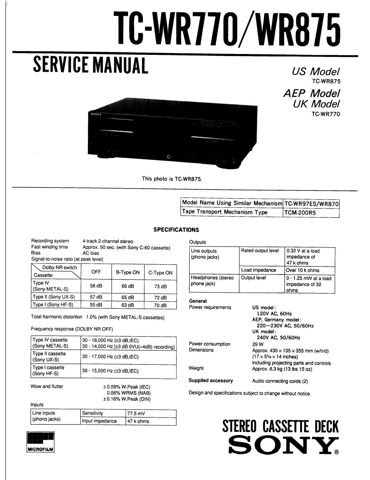 Sony TCWR-770 Service manual