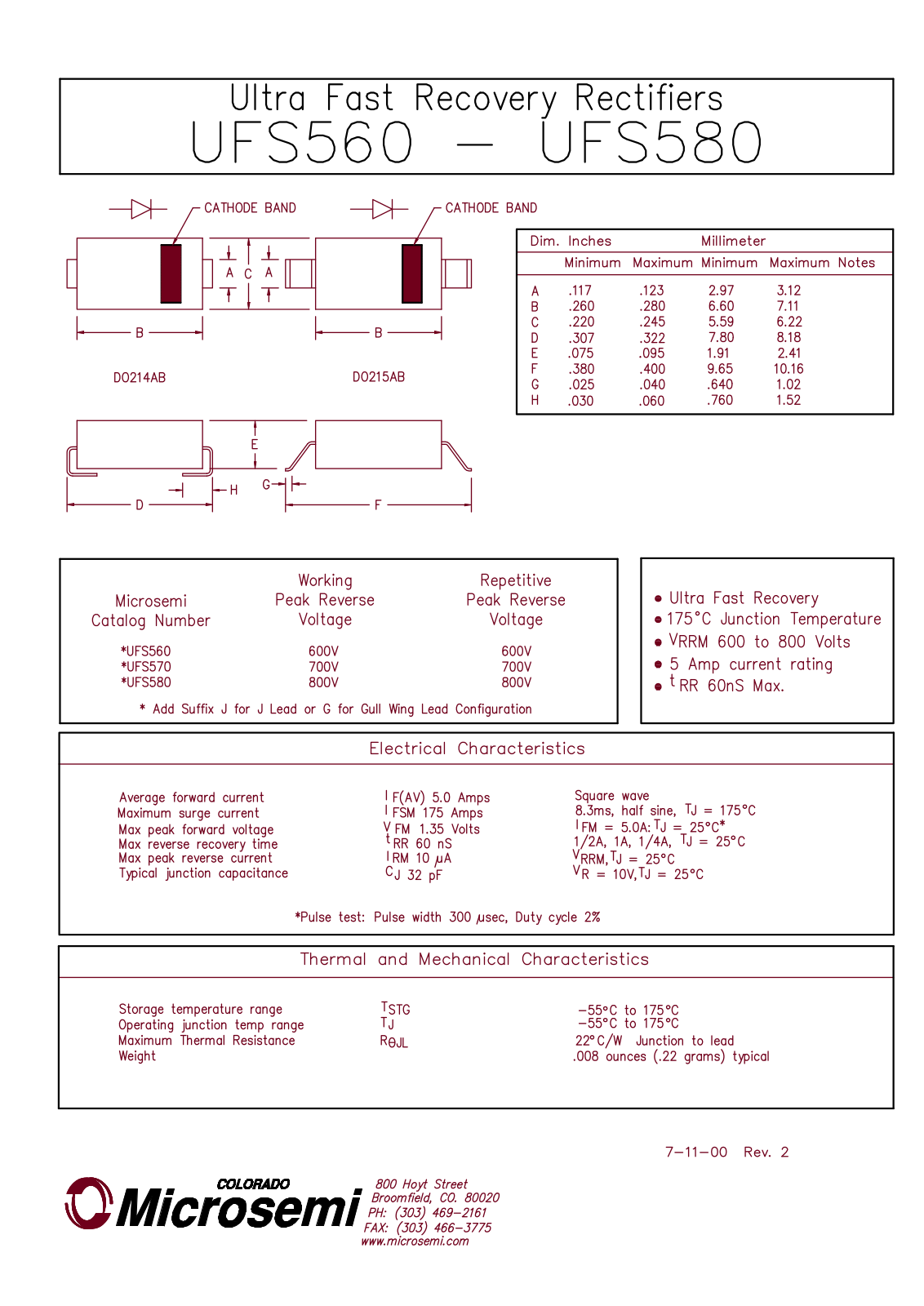 Microsemi UFS580J, UFS570G, UFS570J, UFS560J, UFS560G Datasheet