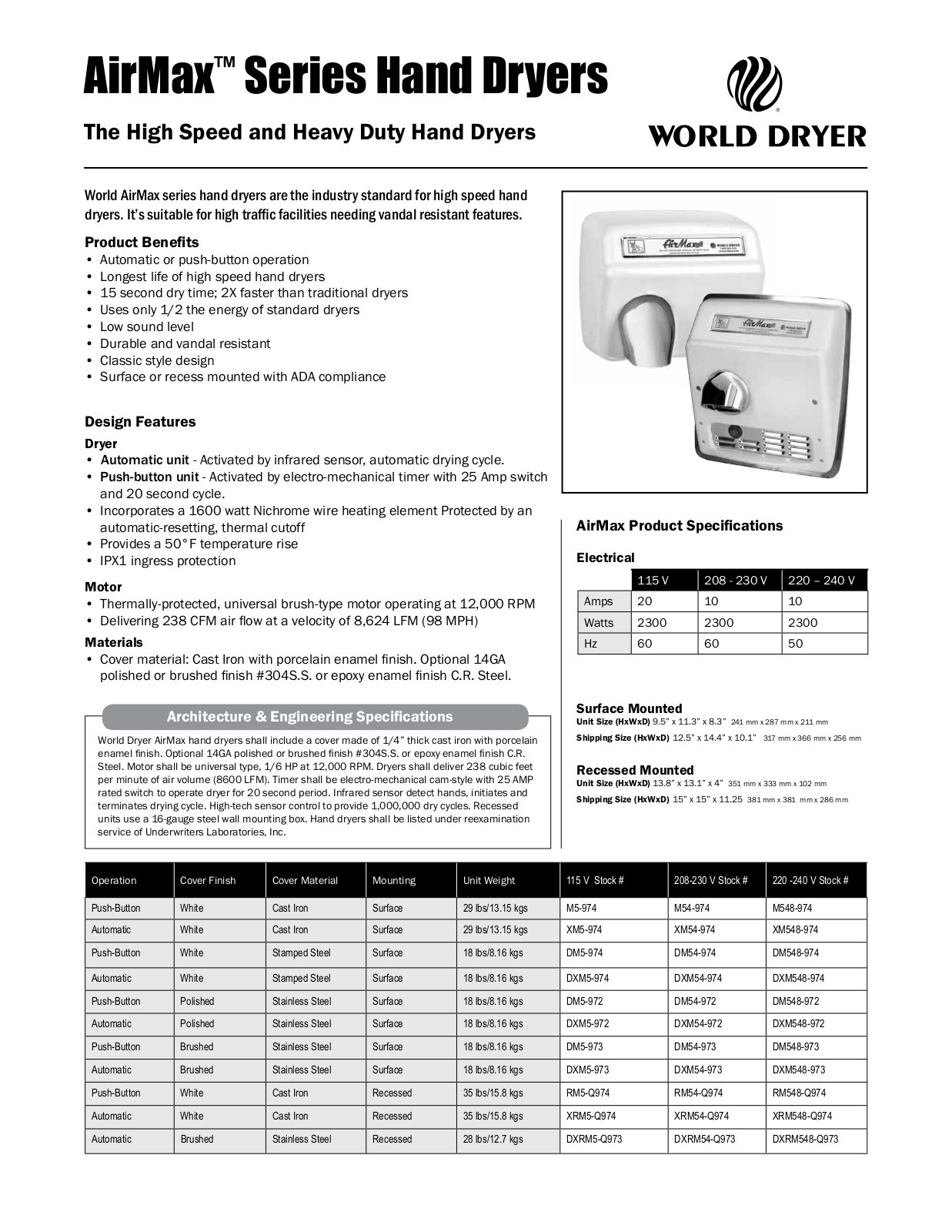 World Dryer AirMax User Manual