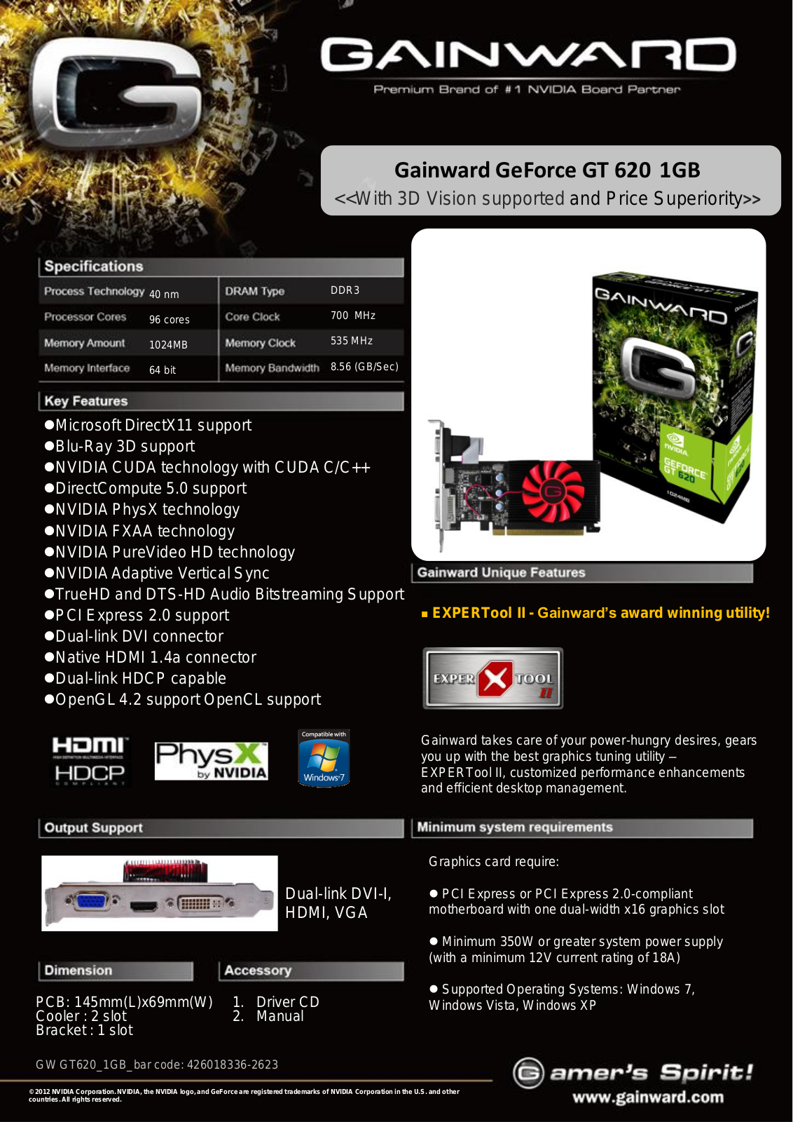 Gainward GeForce GT 620 1GB SPECIFICATIONS