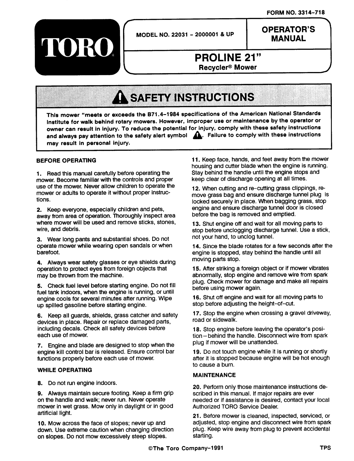 Toro 22031 Operator's Manual