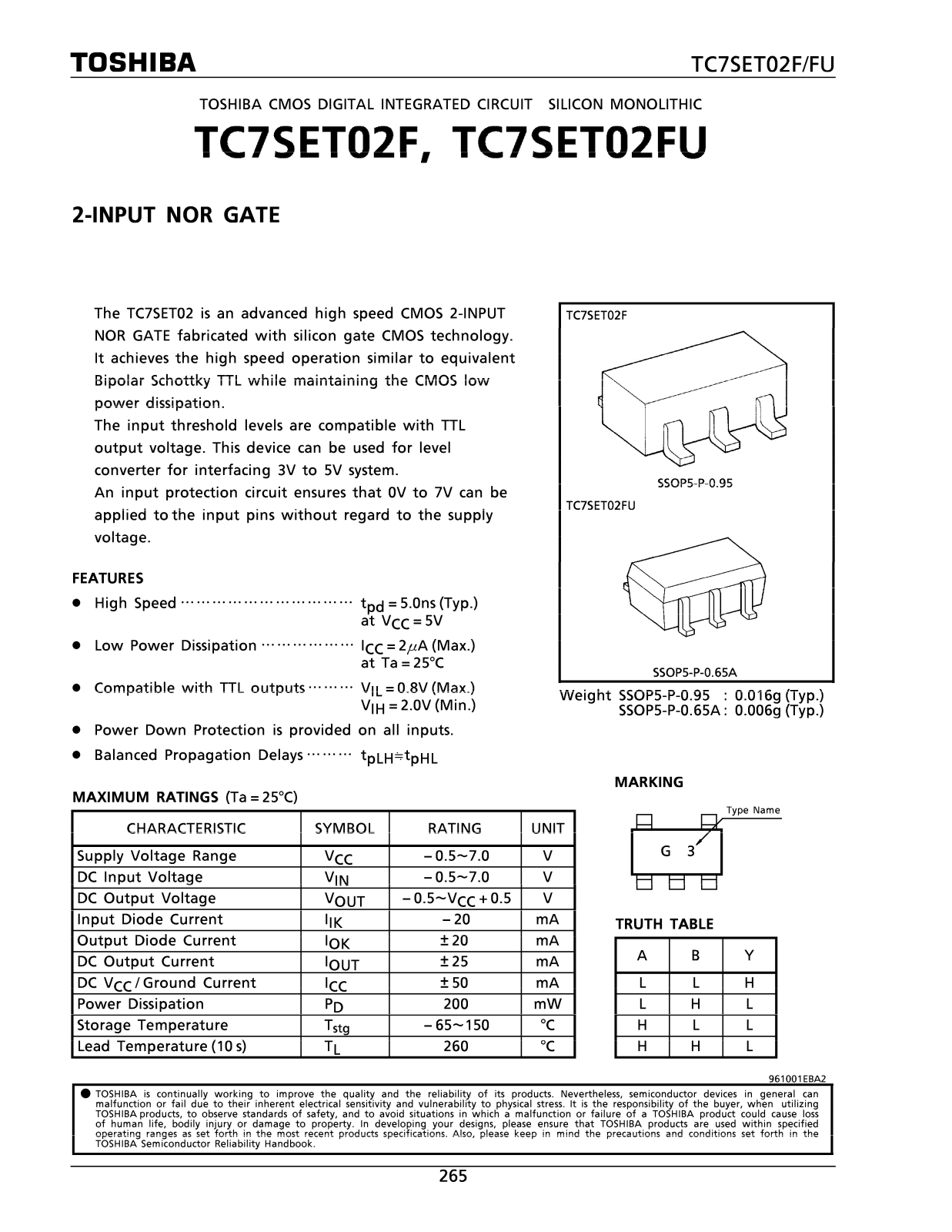 TOSHIBA TC7SET02F, TC7SET02FU Technical data