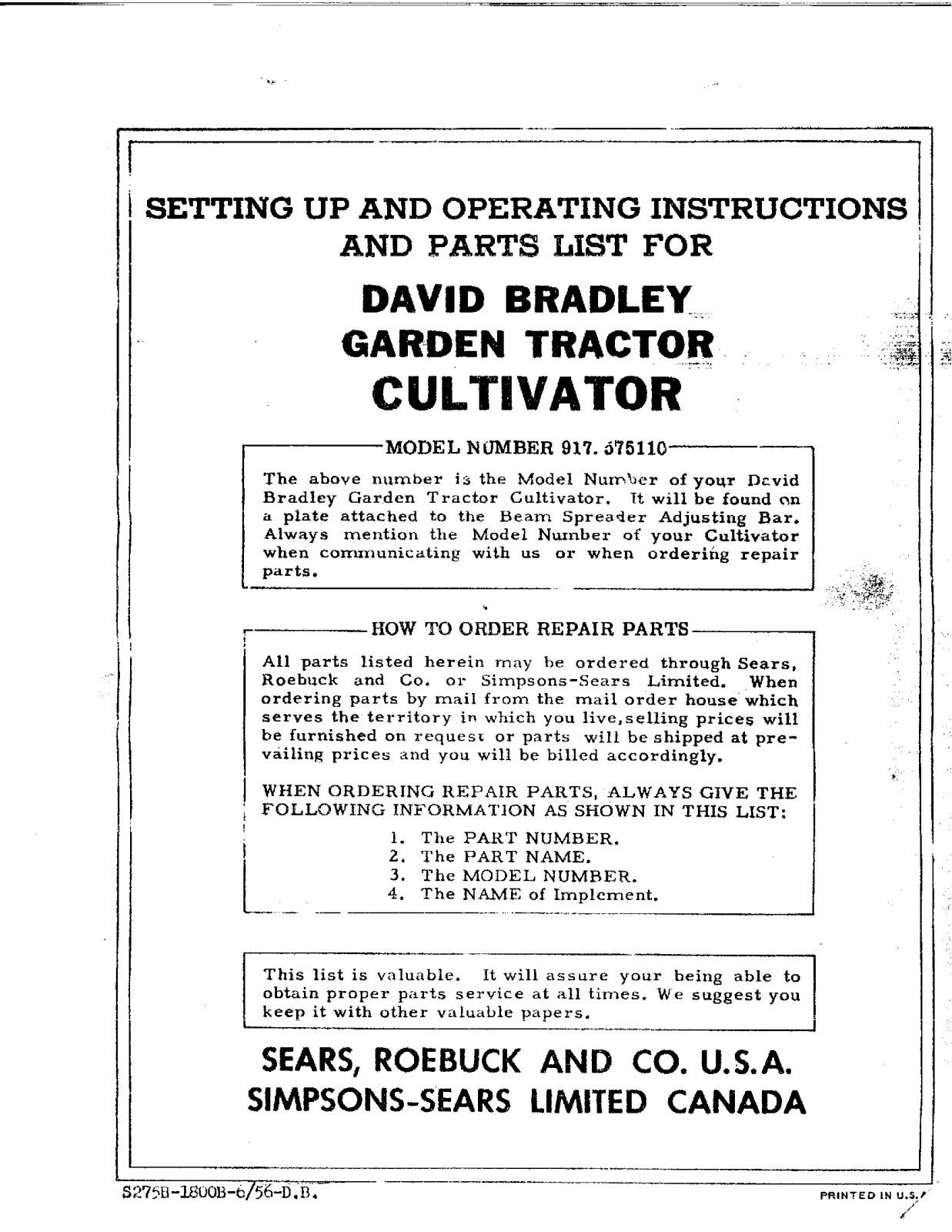 David Bradley 917.575110 Operating instructions