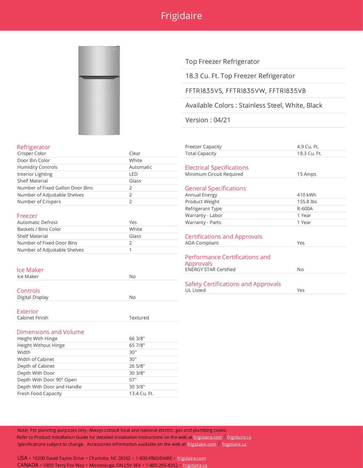 Frigidaire FFTR1835VS, FFTR1835VW, FFTR1835VB Specification Sheet