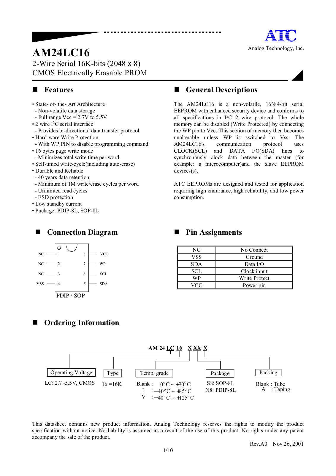 ATC AM24LC16VS8A, AM24LC16VS8, AM24LC16VN8A, AM24LC16VN8, AM24LC16S8A Datasheet