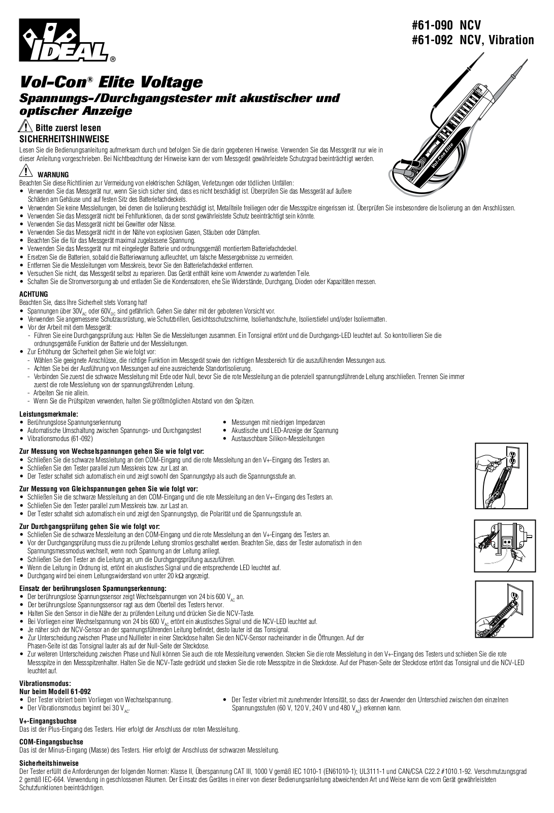 IDEAL Electrical 61-090 NCV, 61-092 NCV Instruction Sheet