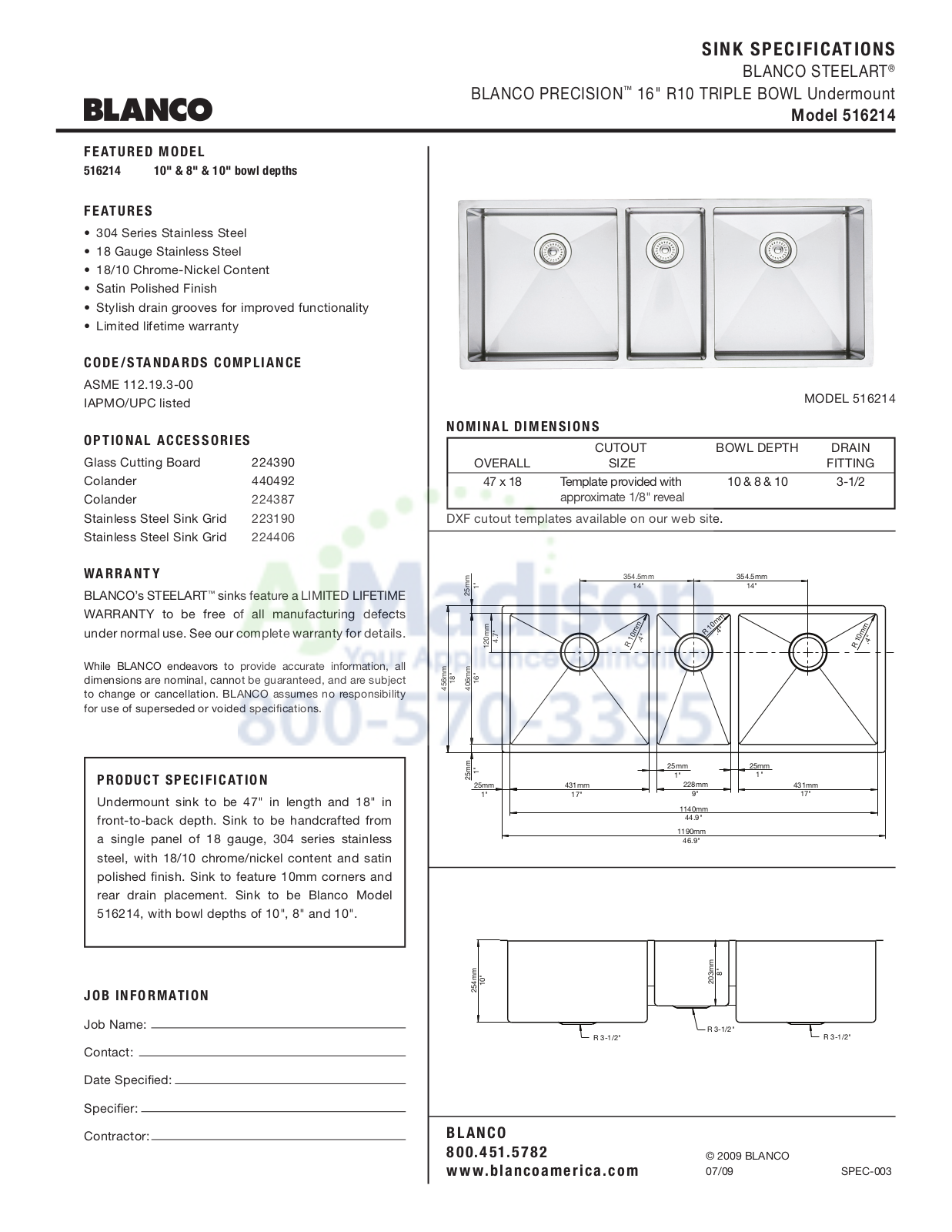 Blanco 516214 Specs