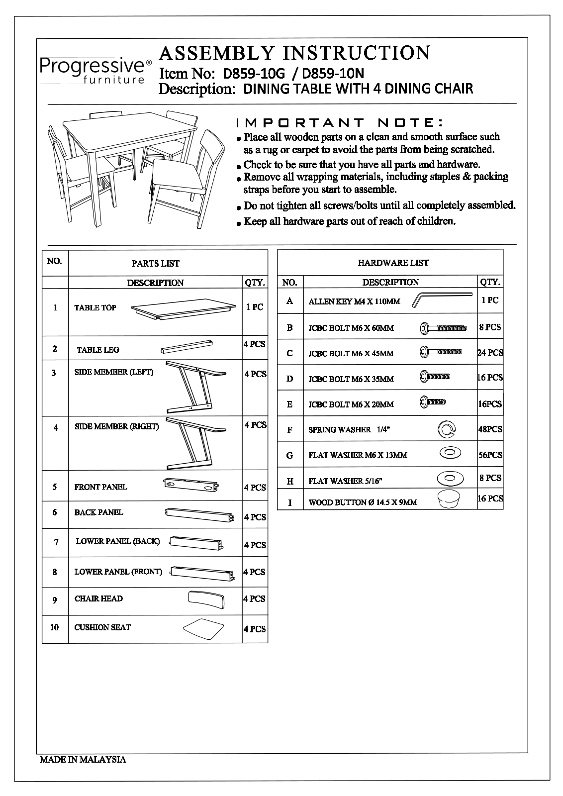 Progressive Furniture D85910G, D85910N Assembly Guide