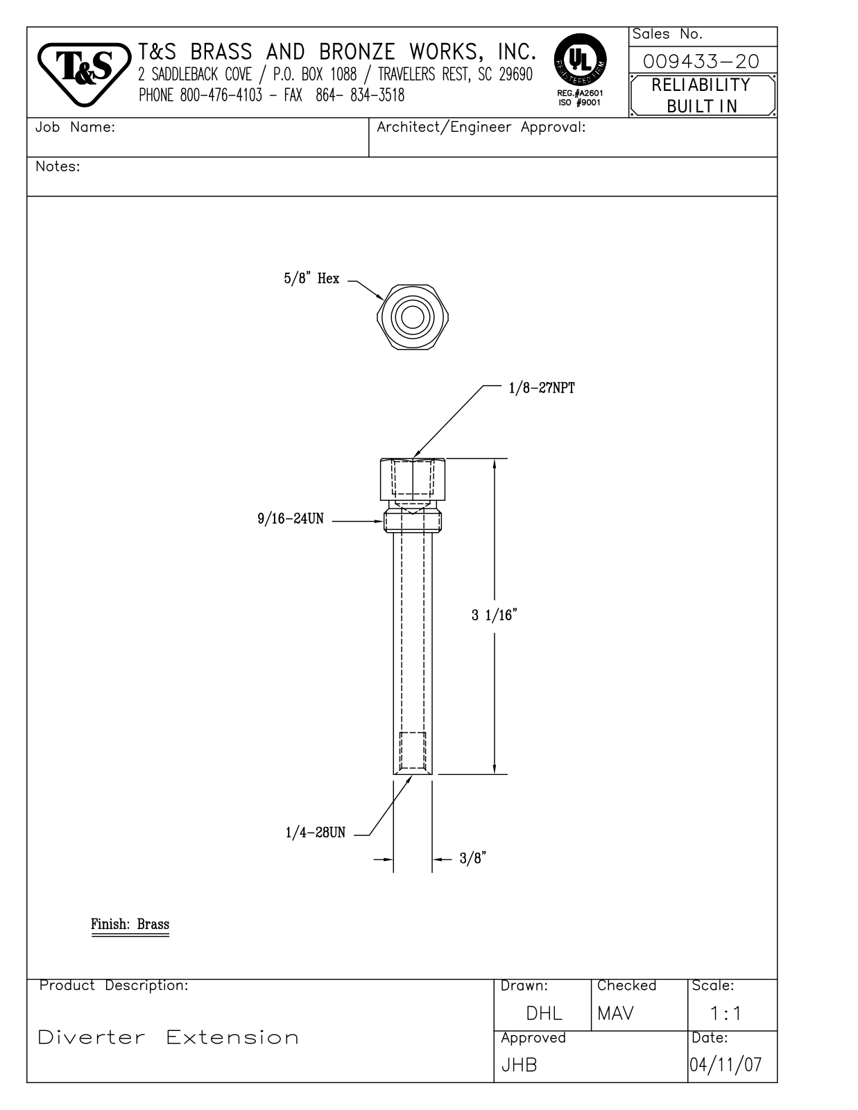 T&S Brass 009433-20 User Manual